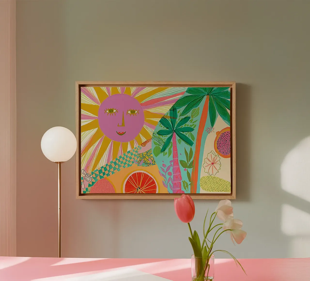 Smiling Sun, Abstract Tropical, Boho Art canvas with Floater frame by vintagepod