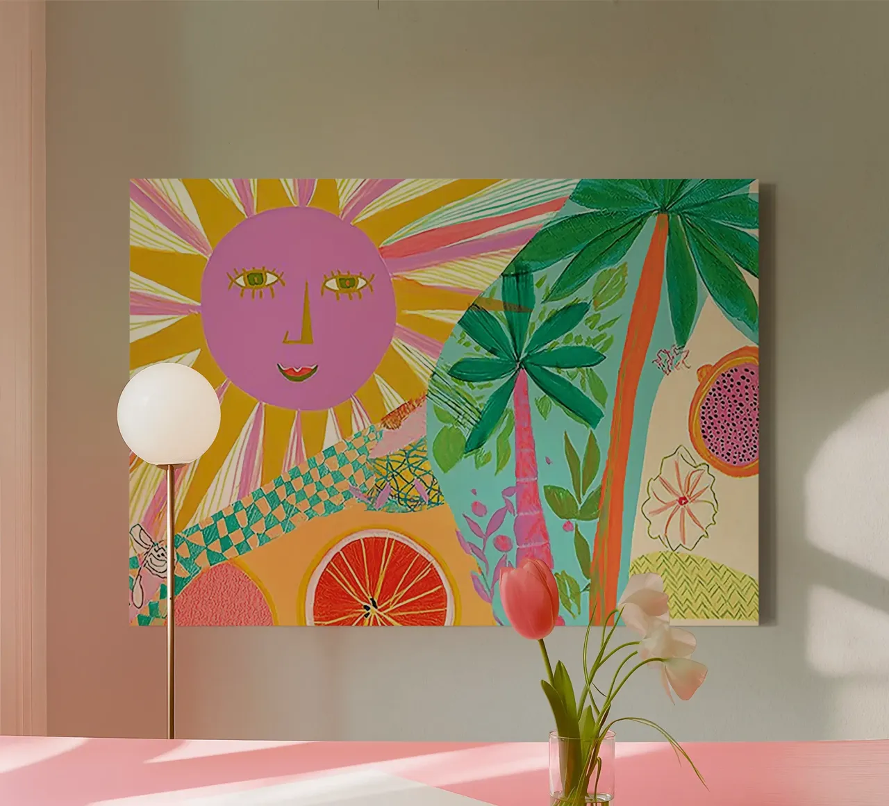 Smiling Sun, Abstract Tropical, Boho Art canvas with Floater frame by vintagepod