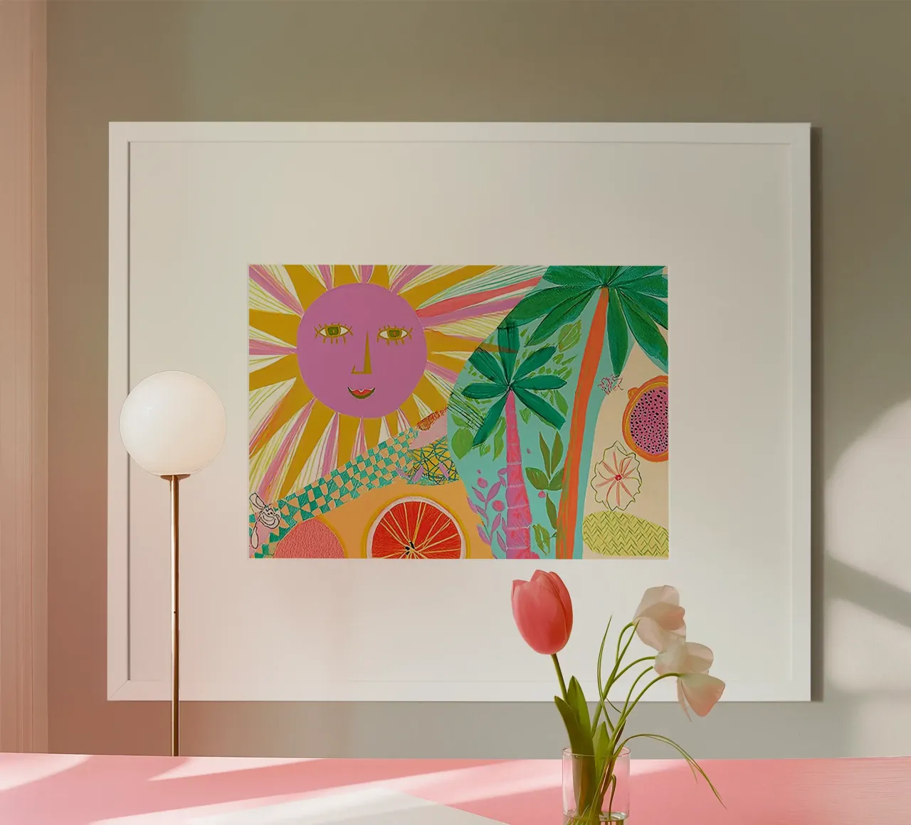 Sole sorridente, Astratto Tropicale, Arte Boho poster con telaio in legno da vintagepod