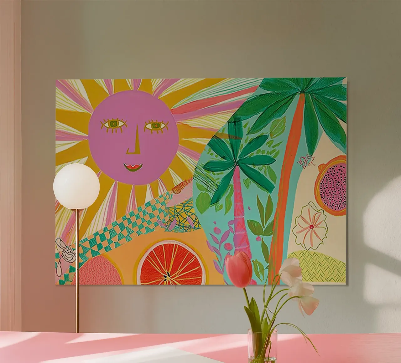 Sole sorridente, Astratto Tropicale, Arte Boho poster con telaio in legno da vintagepod