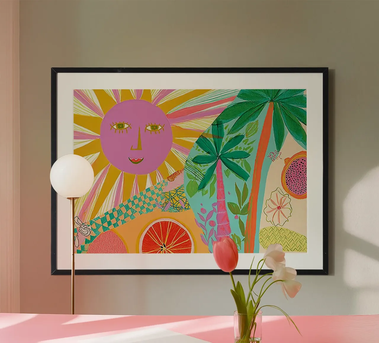 Sole sorridente, Astratto Tropicale, Arte Boho poster con telaio in legno da vintagepod