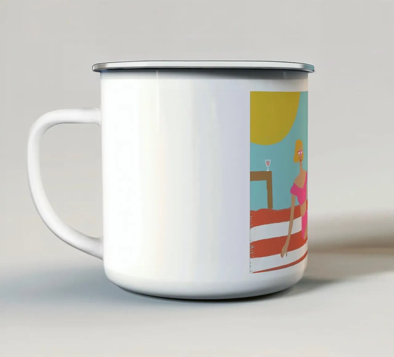 Ragazza da spiaggia retrò, arte vintage Summer Vibes tazza in smalto da vintagepod