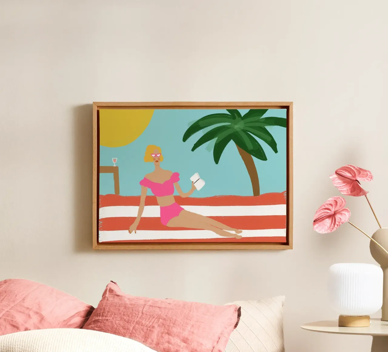 Ragazza da spiaggia retrò, arte vintage Summer Vibes tela con Cornice a cassetta da vintagepod