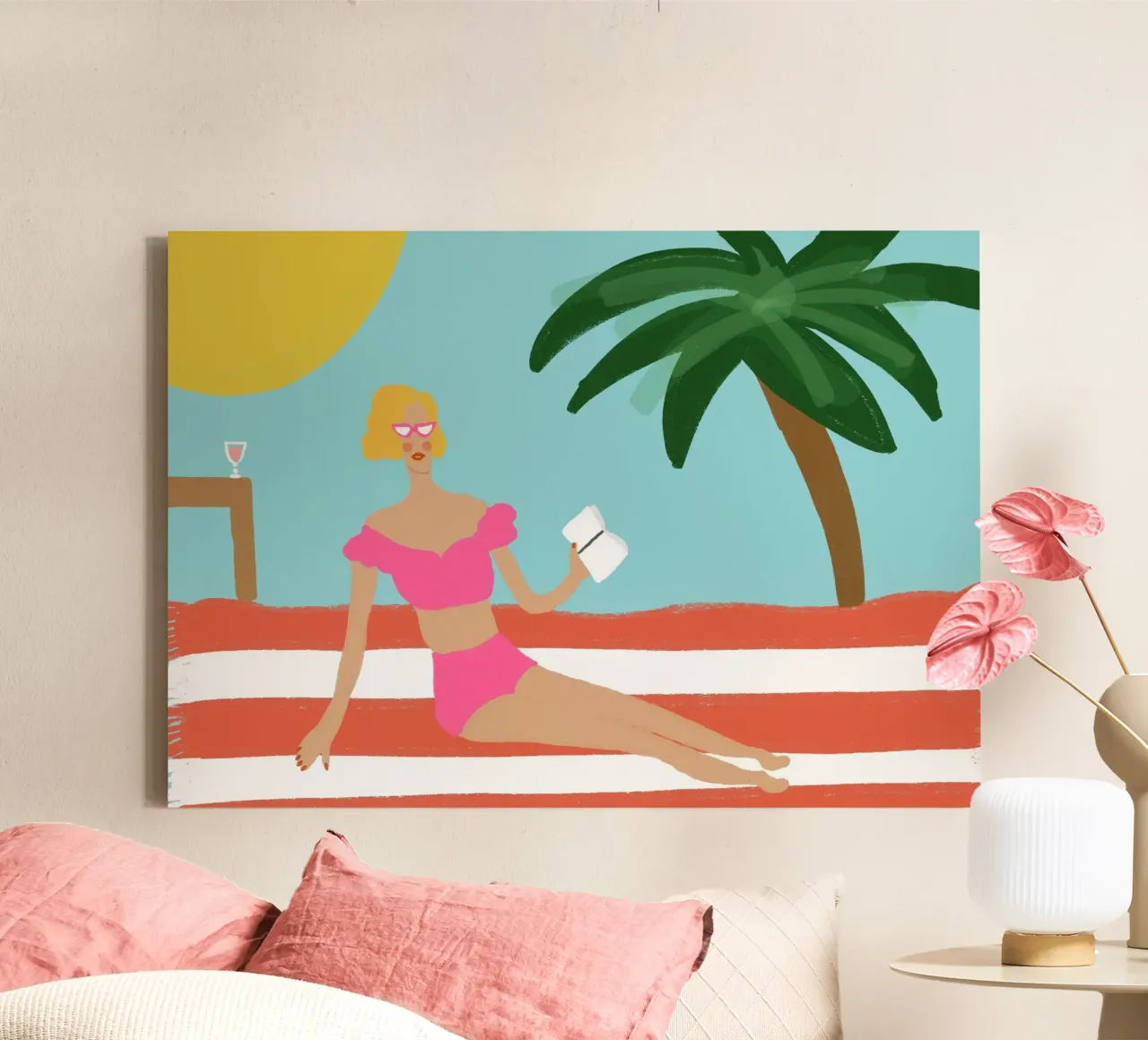 Ragazza da spiaggia retrò, arte vintage Summer Vibes tela con Cornice a cassetta da vintagepod