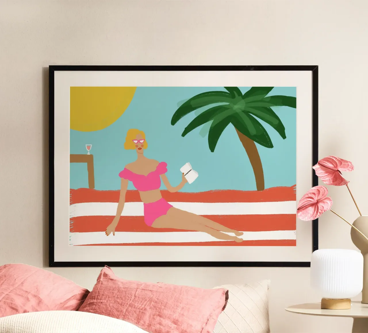 Ragazza da spiaggia retrò, arte vintage Summer Vibes poster con telaio in alluminio da vintagepod
