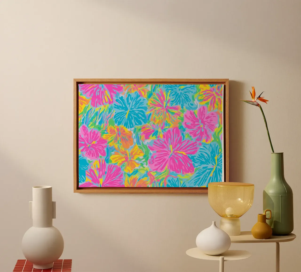 Neon Hibiscus, Psychedelische Tropische Bloemsierkunst canvas met Baklijst van vintagepod