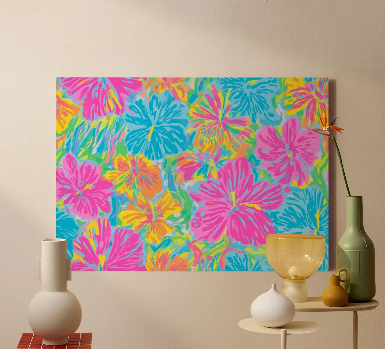 Neon Hibiscus, Psychedelische Tropische Bloemsierkunst canvas met Baklijst van vintagepod