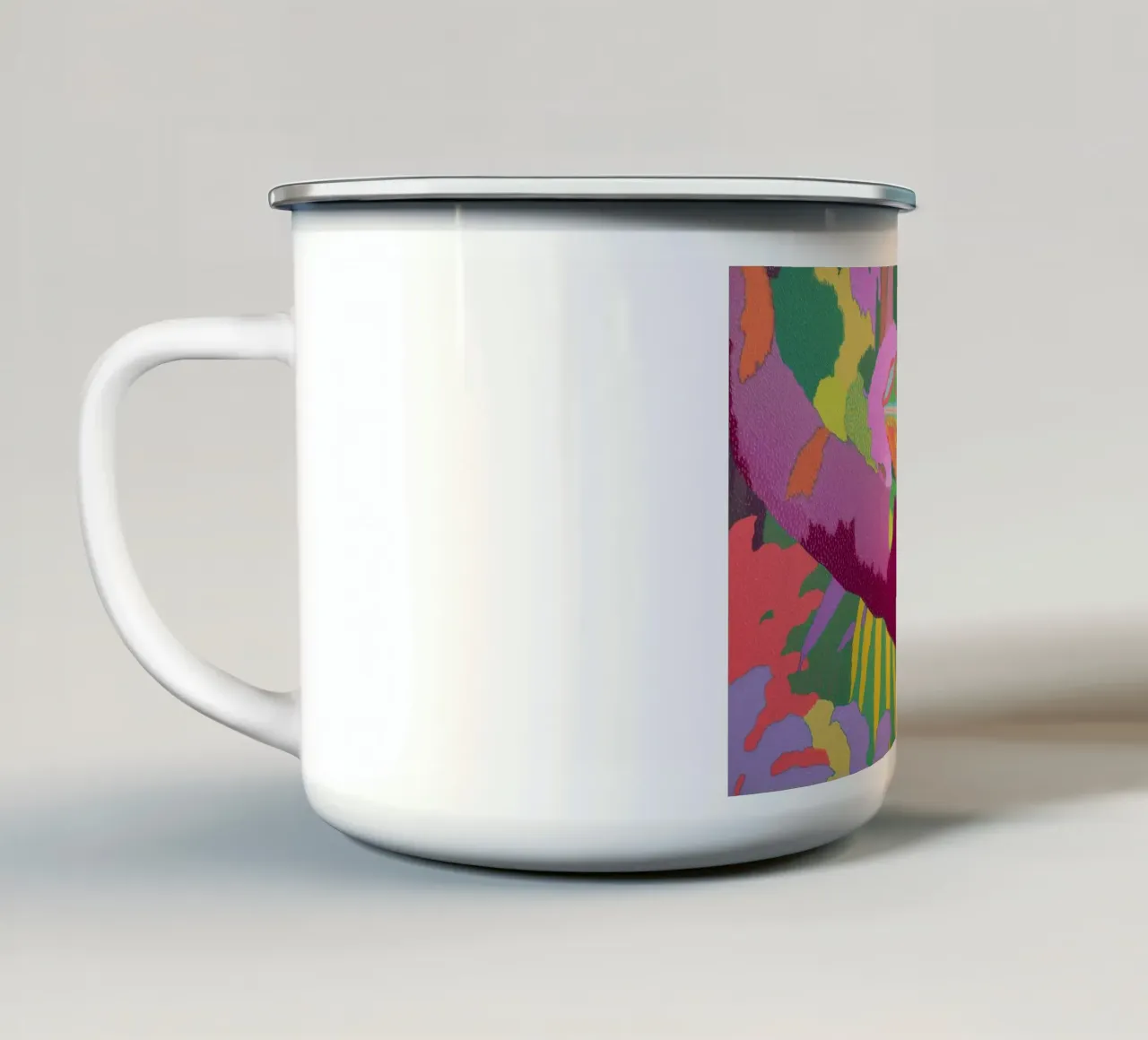 Psychedelische kameleon, kleurrijke abstracte kunst emaille mok van vintagepod