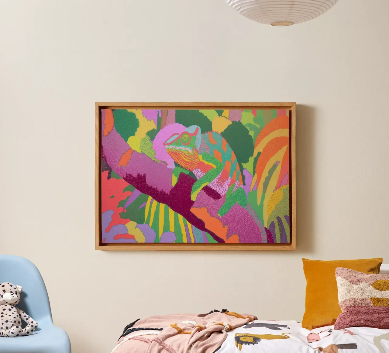 Psychedelic Chameleon, Colorful Abstract Art canvas with Floater frame by vintagepod