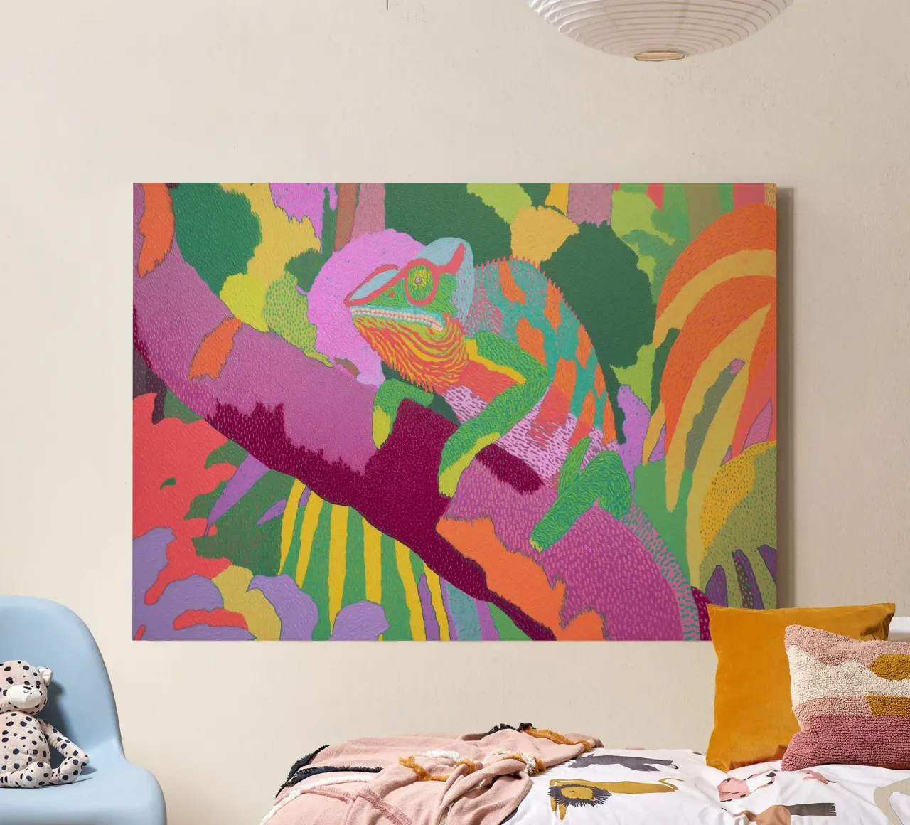 Psychedelic Chameleon, Colorful Abstract Art canvas with Floater frame by vintagepod