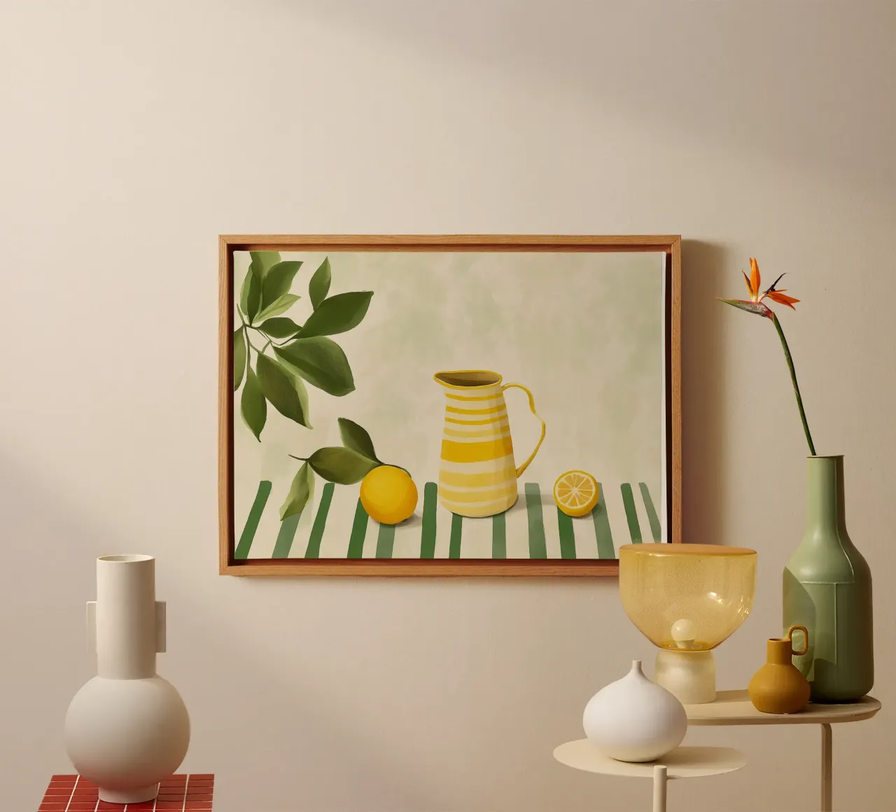 Lemon Pitcher, Still Life, Mediterranean Art canvas with Floater frame by vintagepod