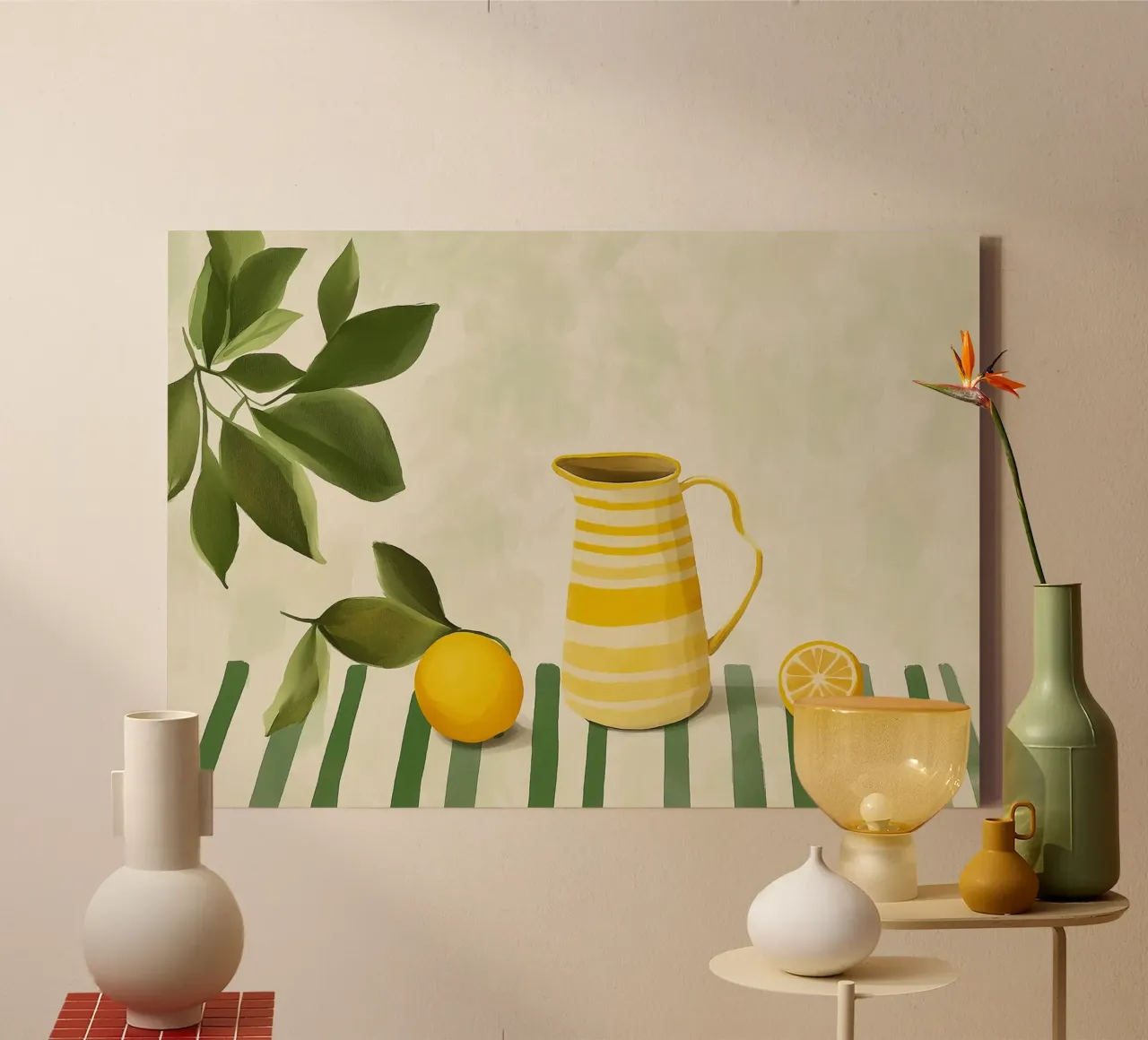 Lemon Pitcher, Still Life, Mediterranean Art canvas with Floater frame by vintagepod