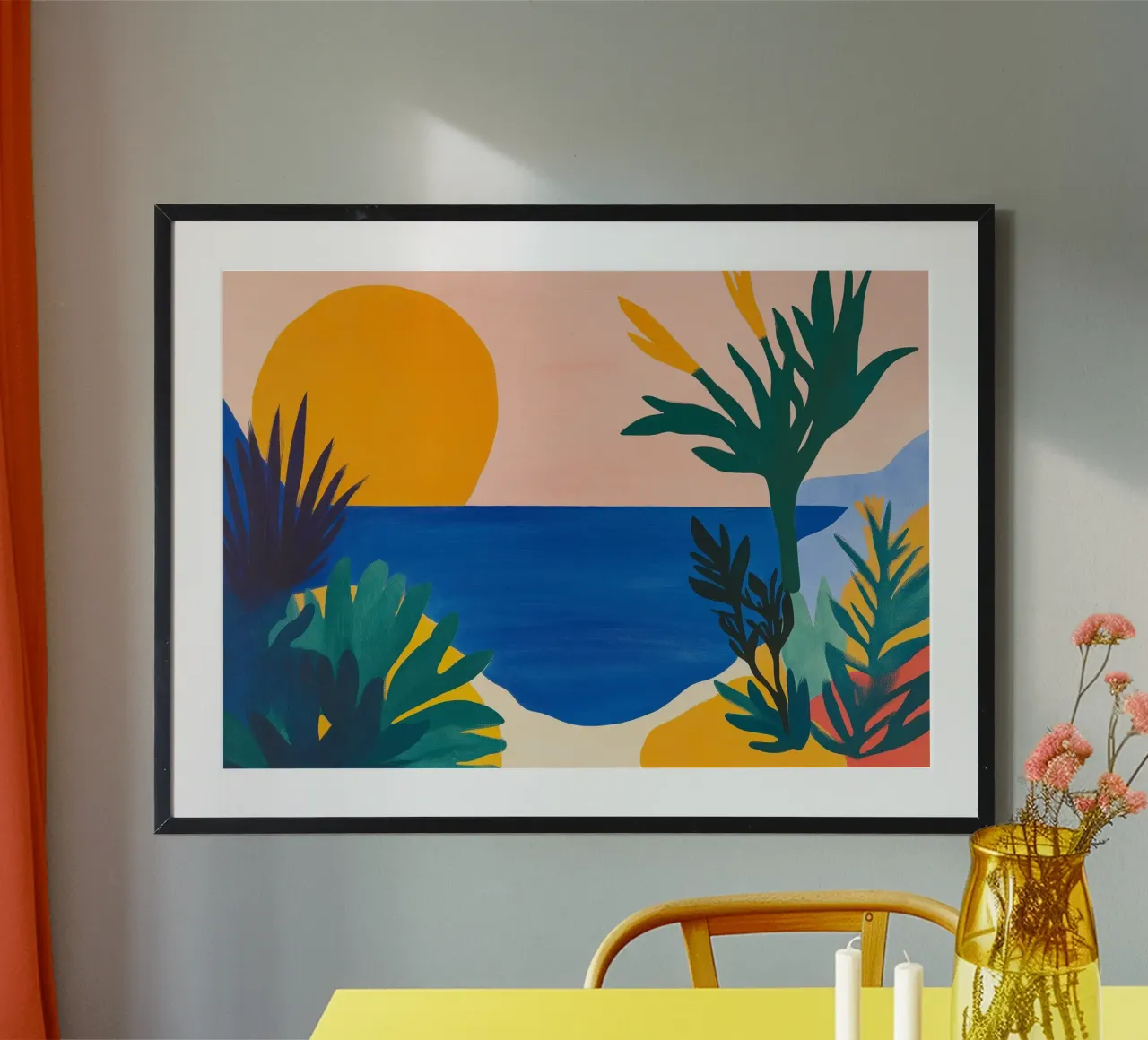 Tropische Zonsondergang, Abstract Kust, Pop Art Print poster met houten frame van vintagepod