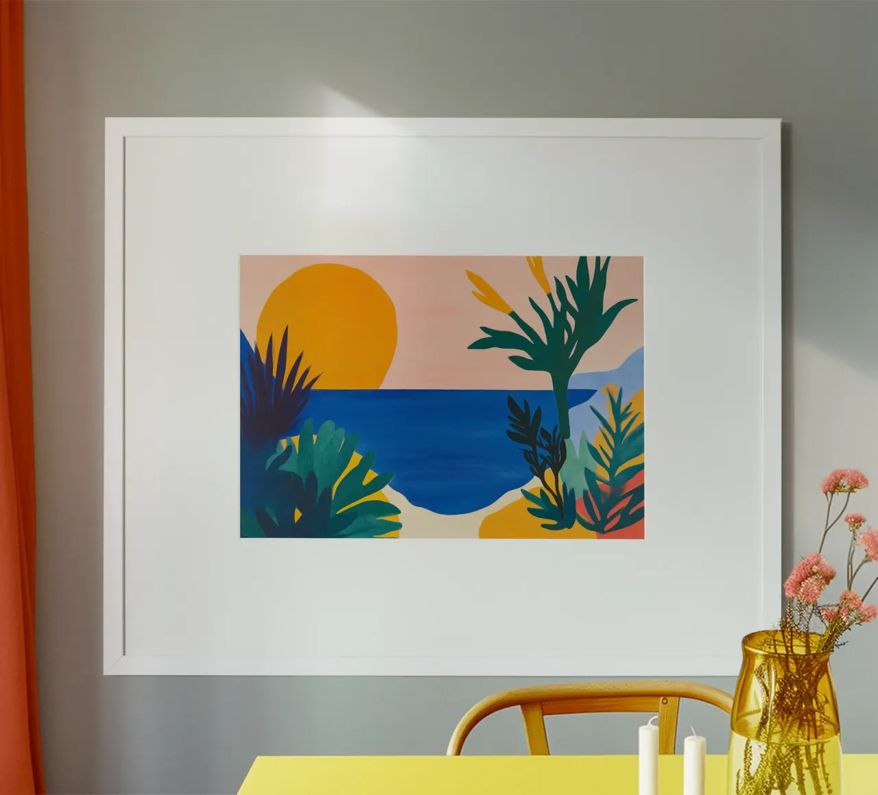 Tropische Zonsondergang, Abstract Kust, Pop Art Print poster met houten frame van vintagepod