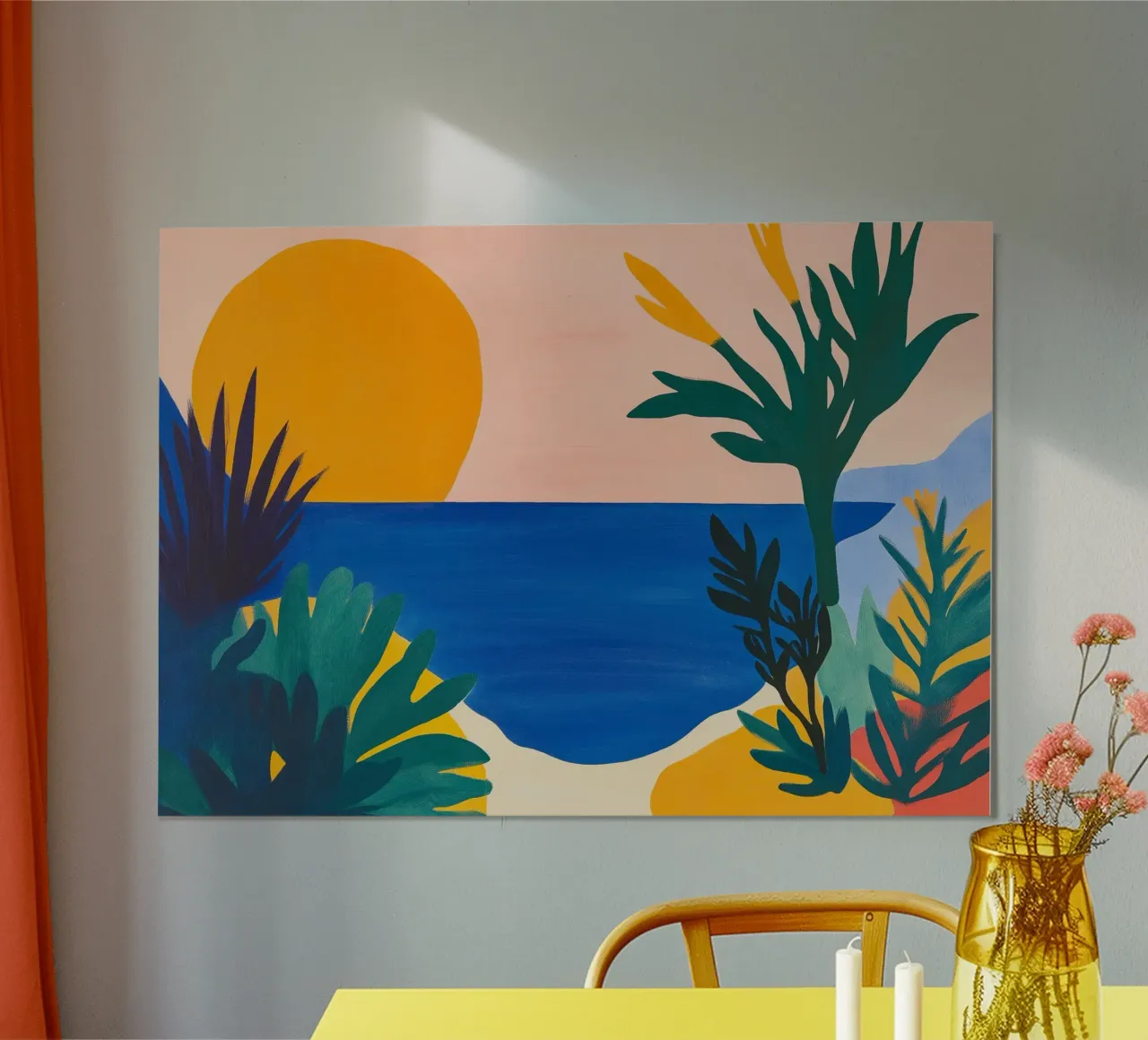 Tropische Zonsondergang, Abstract Kust, Pop Art Print poster met houten frame van vintagepod