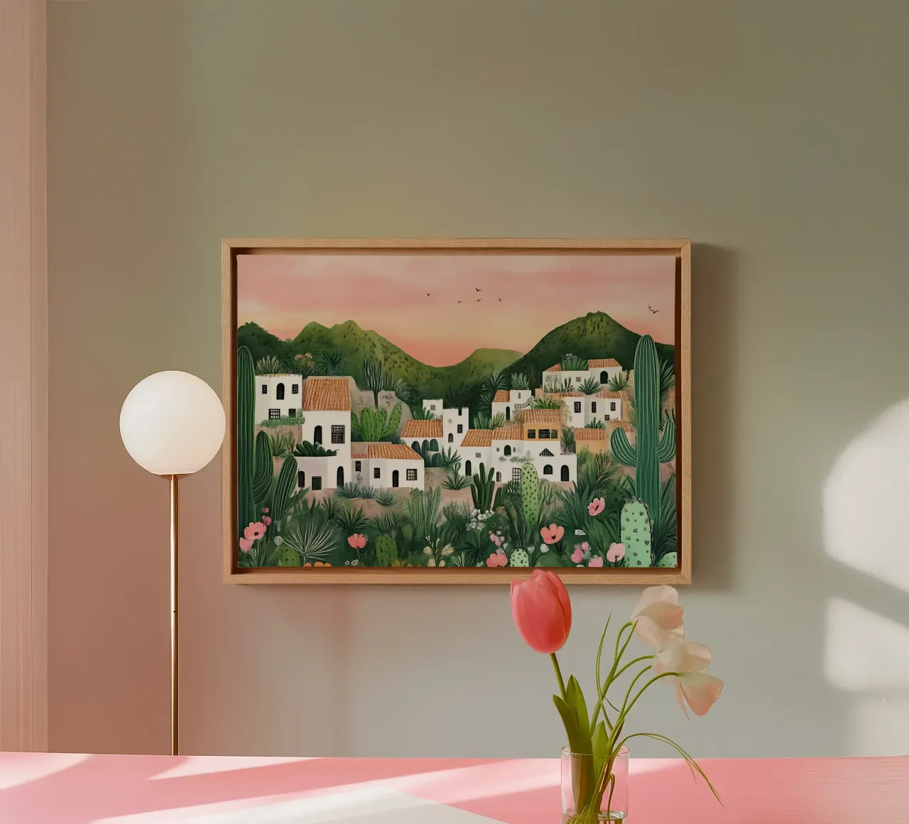 Woestijndorp, Boheems landschap, Cactussen kunst canvas met Baklijst van vintagepod