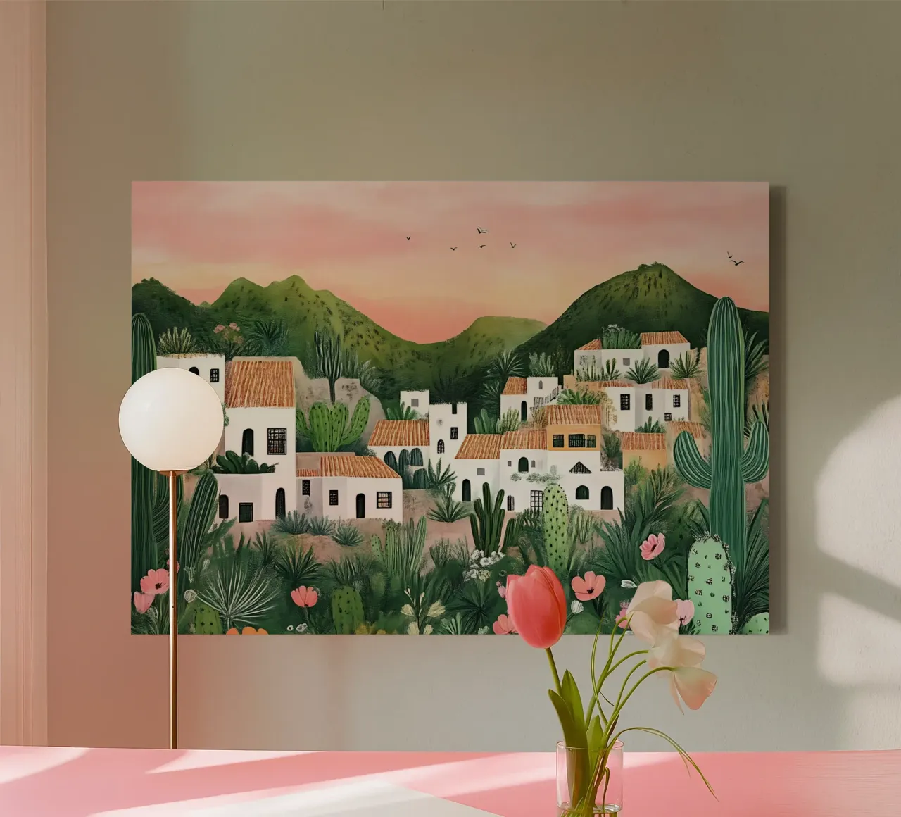 Woestijndorp, Boheems landschap, Cactussen kunst canvas met Baklijst van vintagepod