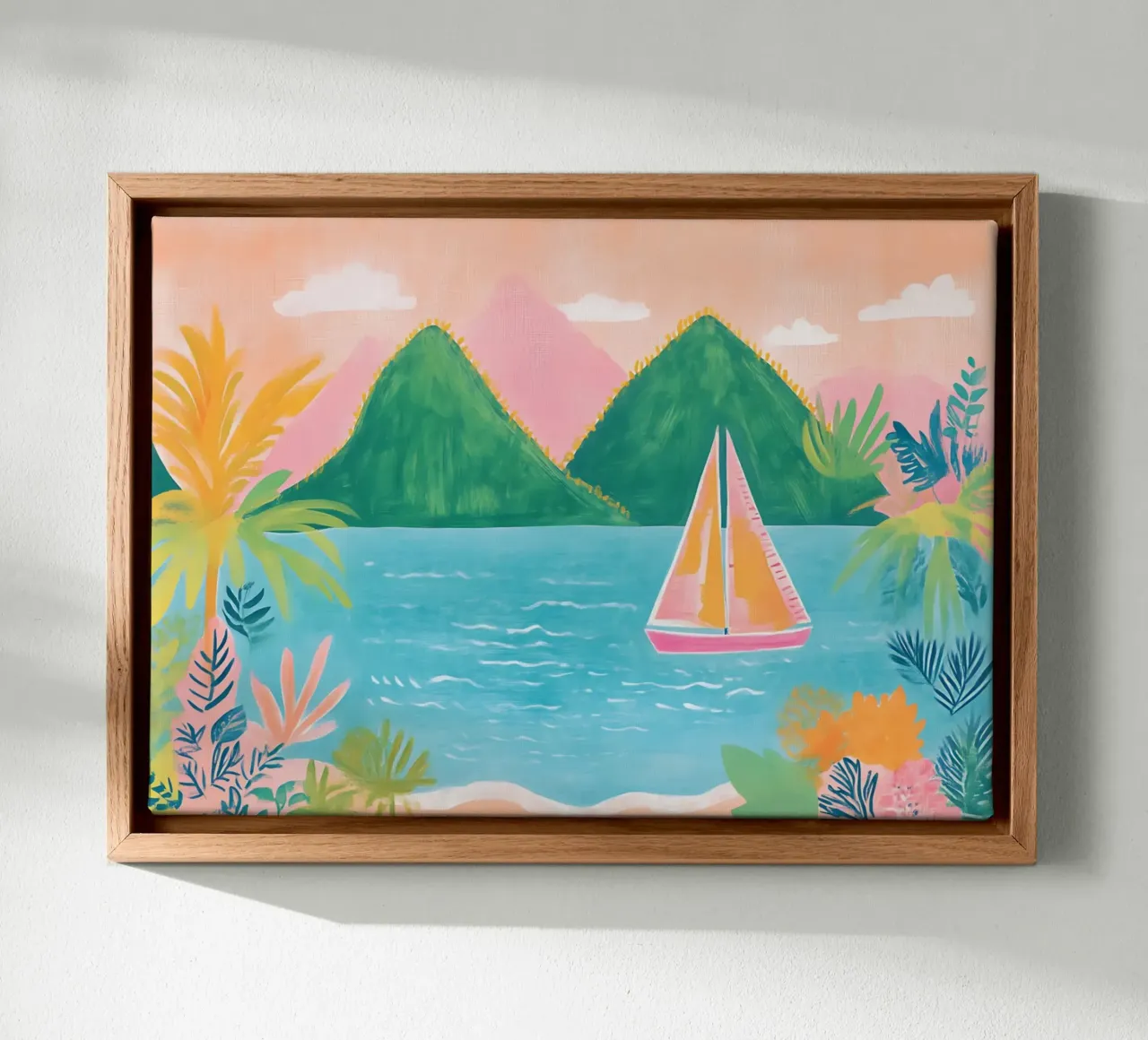 Tropisch zeilen, Boheemse kust, Zeilboot kunst canvas met Baklijst van vintagepod