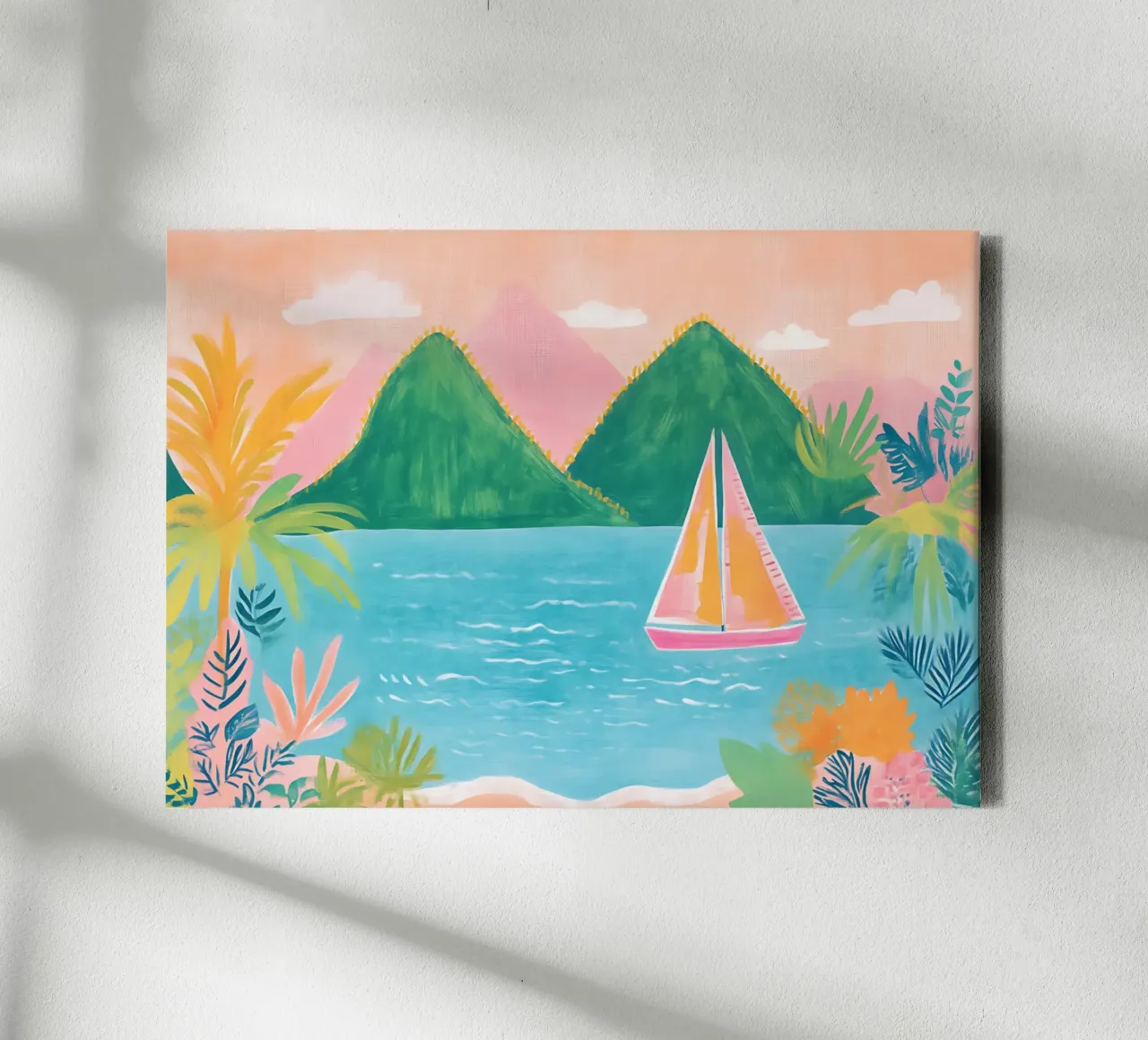 Tropisch zeilen, Boheemse kust, Zeilboot kunst canvas met Baklijst van vintagepod