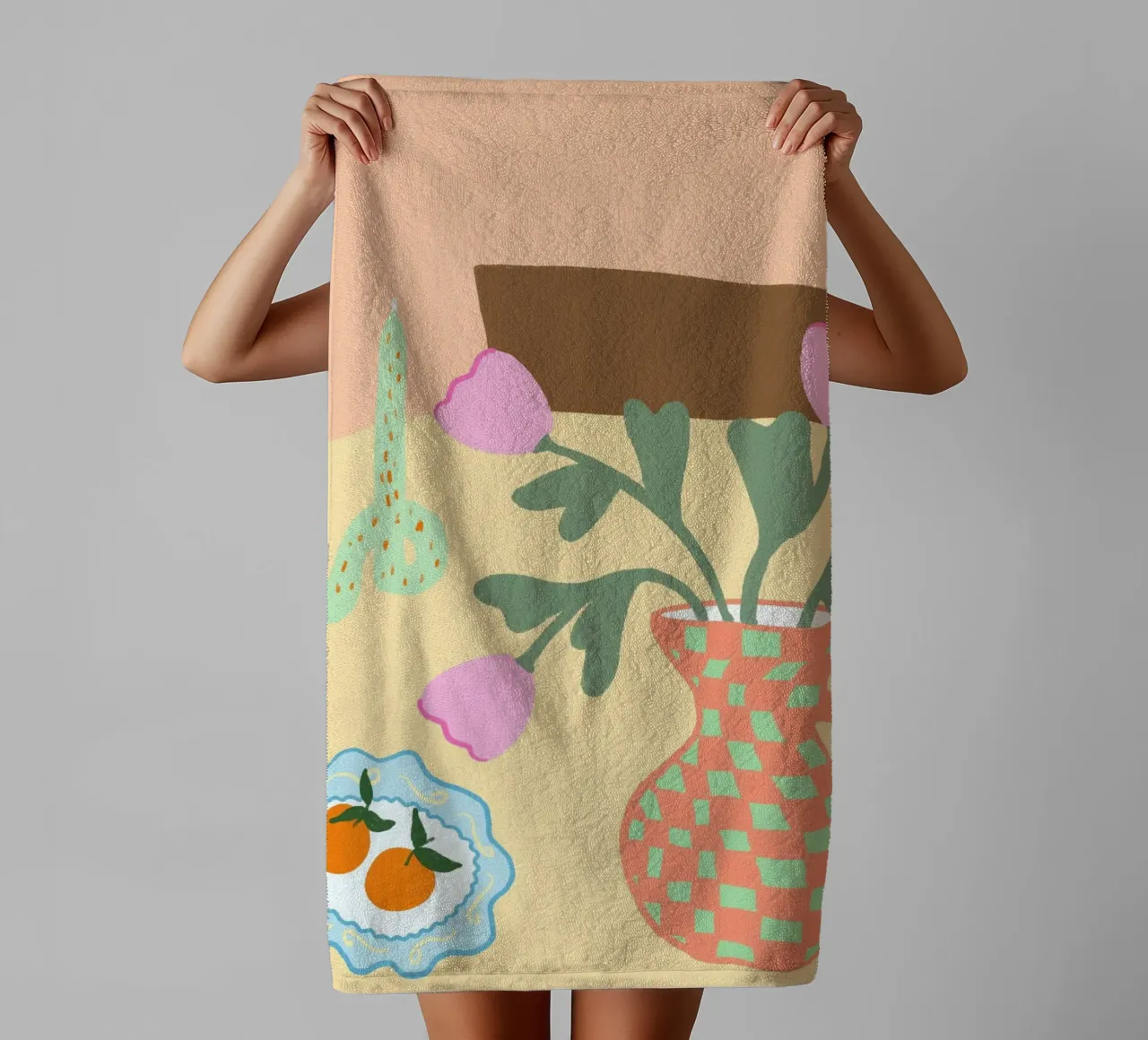 Tulips and Oranges, Abstract Still Life Art towel by vintagepod