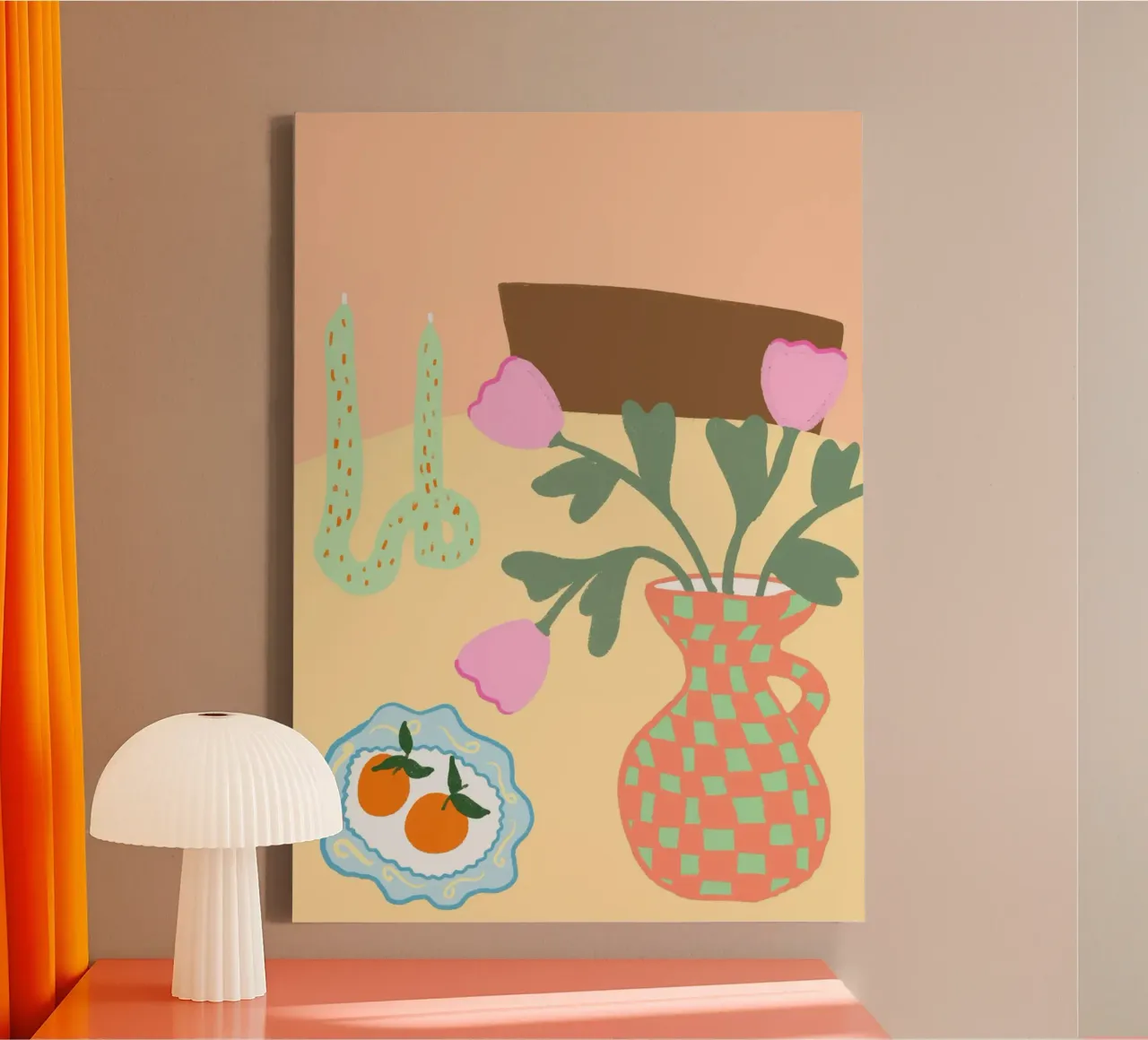 Tulips and Oranges, Abstract Still Life Art canvas with Floater frame by vintagepod