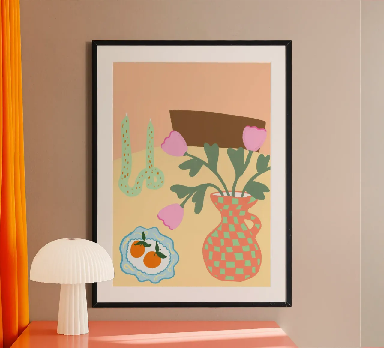 Tulipani e arance, natura morta astratta poster con telaio in alluminio da vintagepod