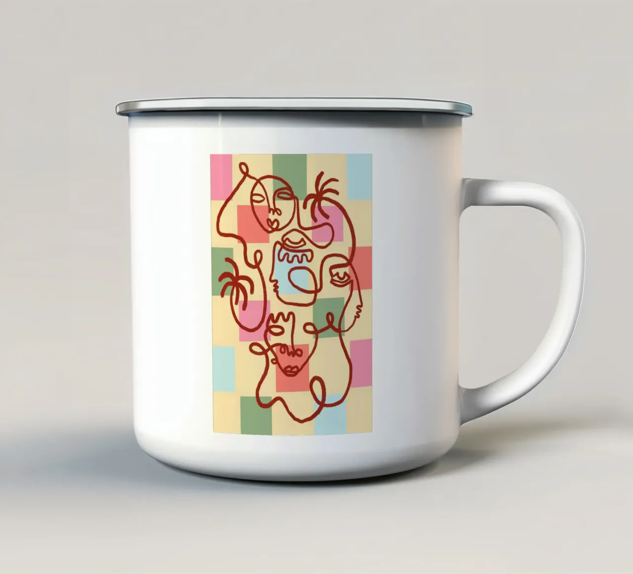 Abstract Line Art Faces, Bohemian Art Print enamel mug by vintagepod