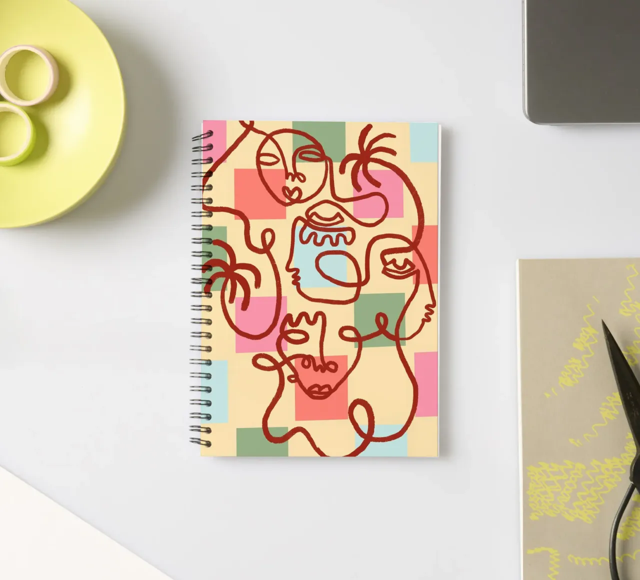 Abstract Line Art Faces, Bohemian Art Print spiral notebook by vintagepod