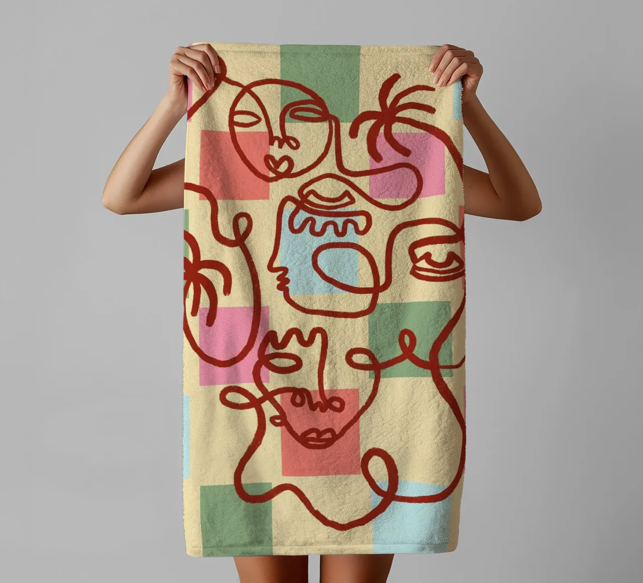 Abstract Line Art Faces, Bohemian Art Print towel by vintagepod