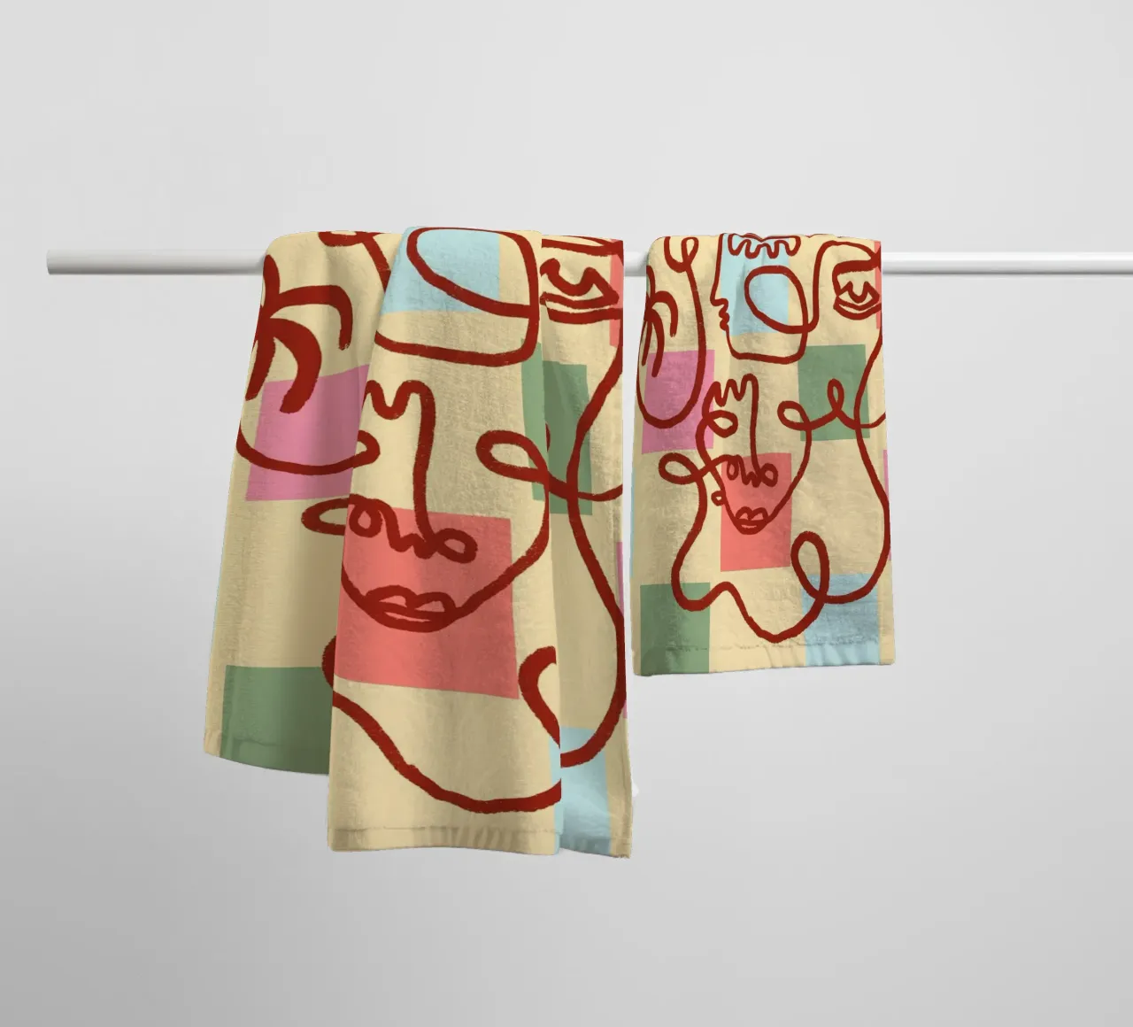 Abstract Line Art Faces, Bohemian Art Print towel by vintagepod