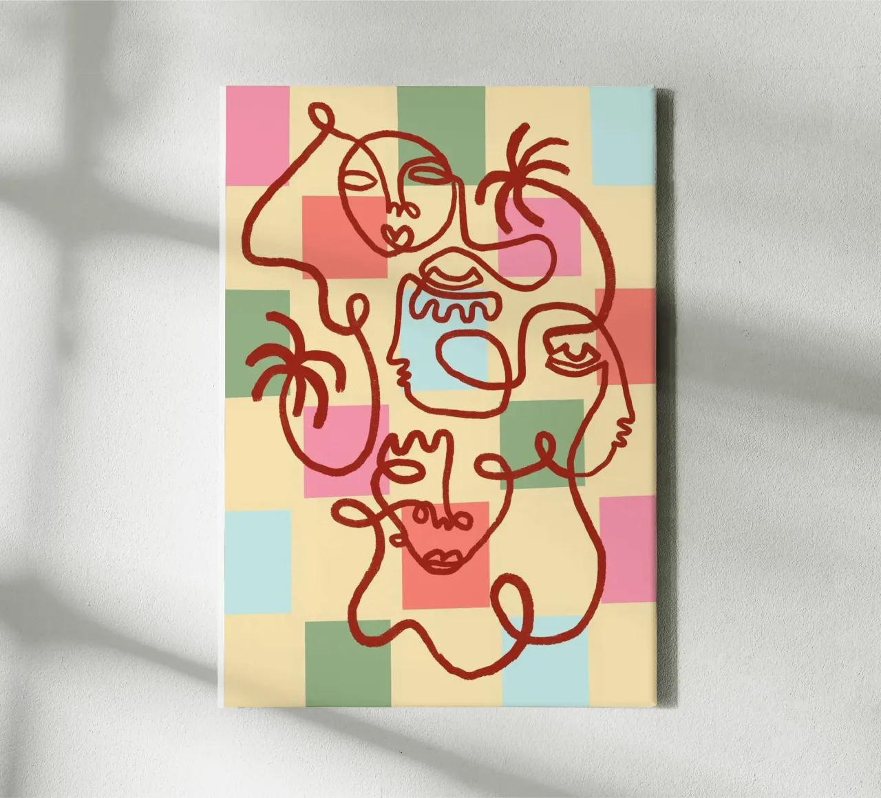 Abstract Line Art Faces, Bohemian Art Print canvas with Floater frame by vintagepod
