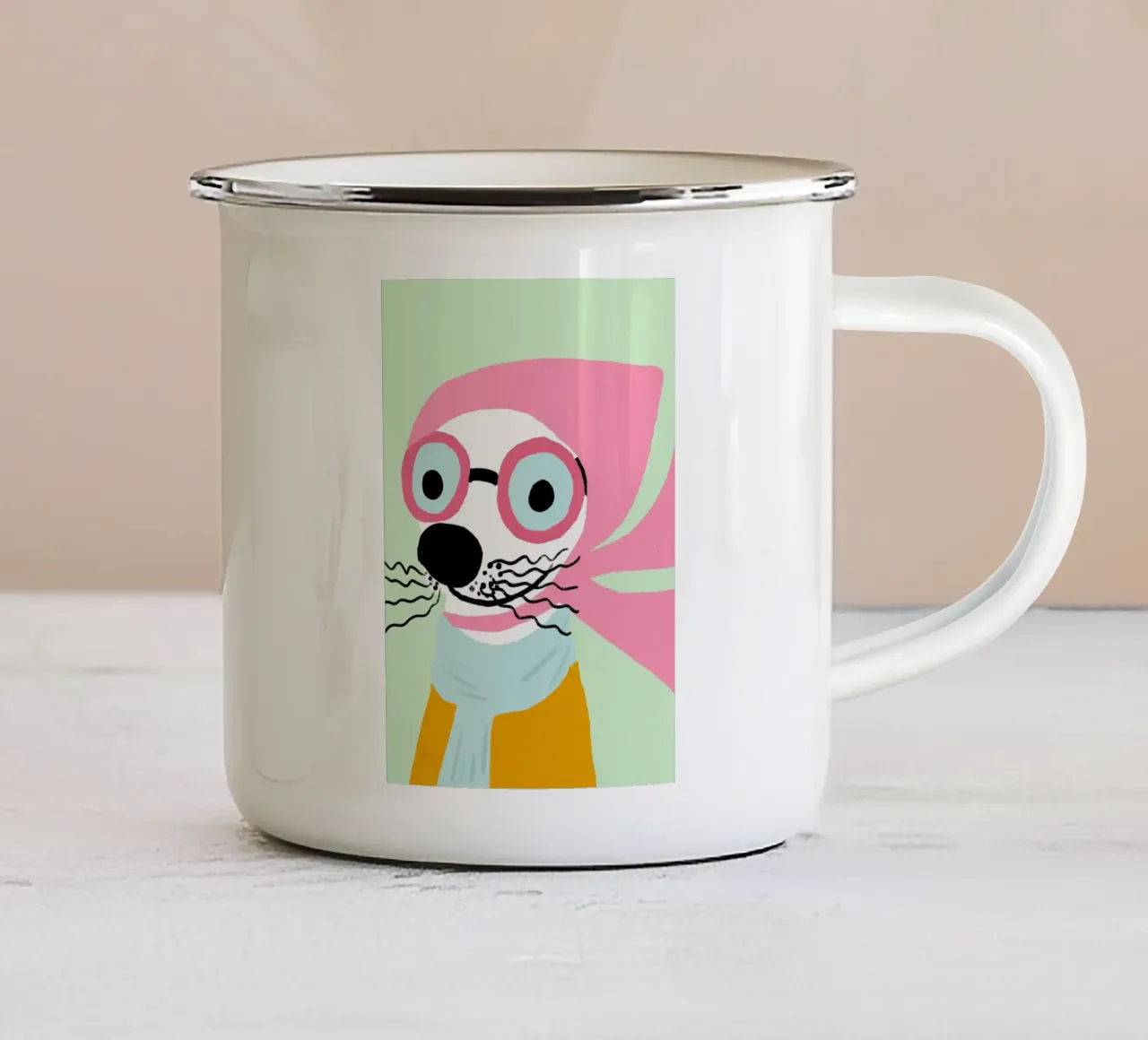 Sigillo hipster, arte animale eccentrica, sciarpa rosa tazza in smalto da vintagepod