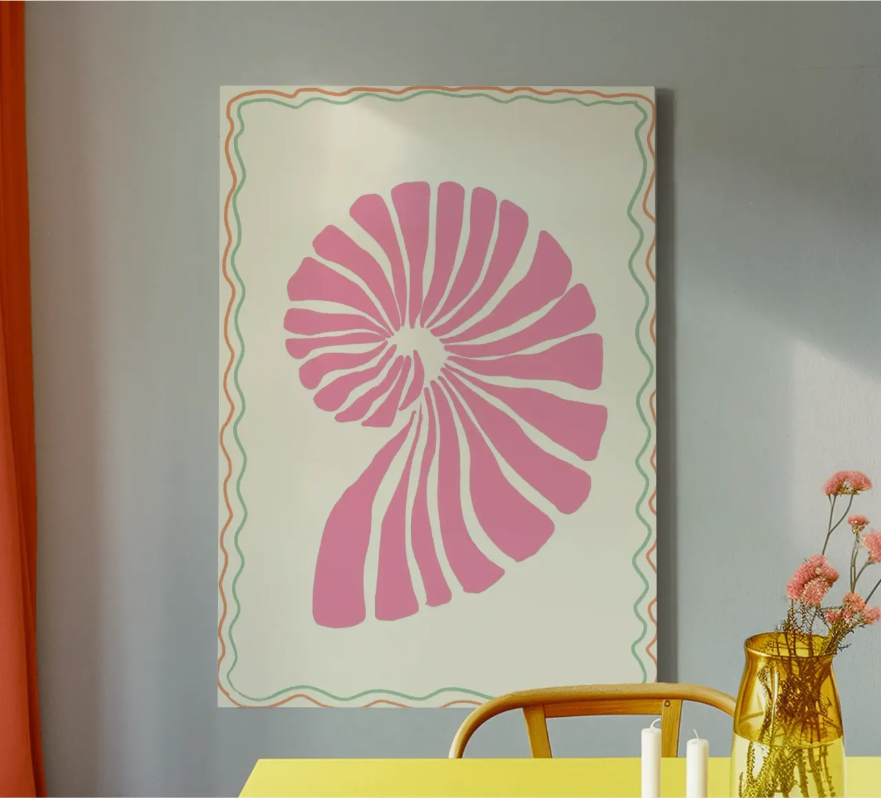 Roze zeeschelp, Nautilus, Minimalistische kunstdruk canvas met Baklijst van dawnthesea