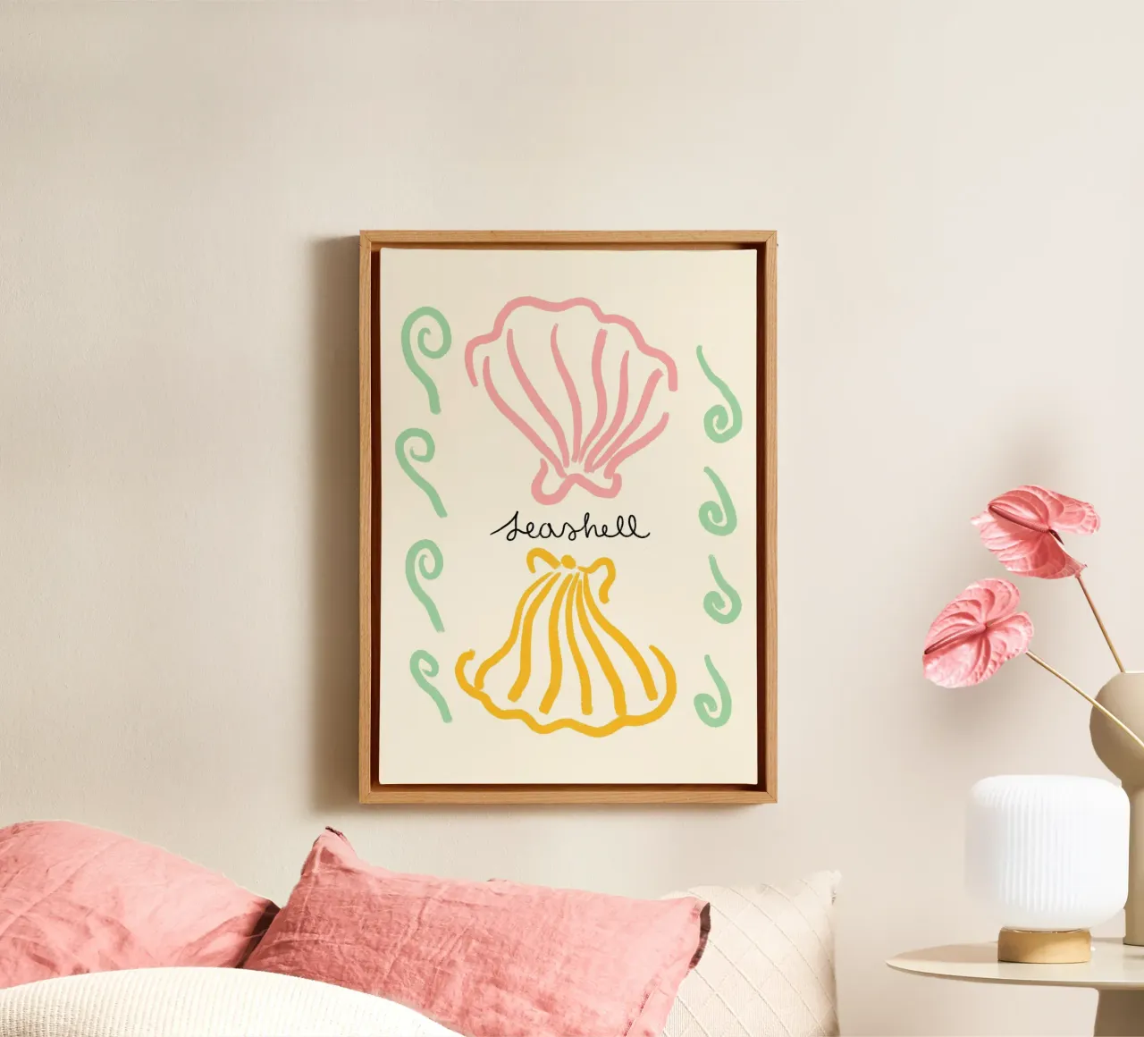 Zeeschelp, minimalistische kustkunst, Retro print canvas met Baklijst van dawnthesea