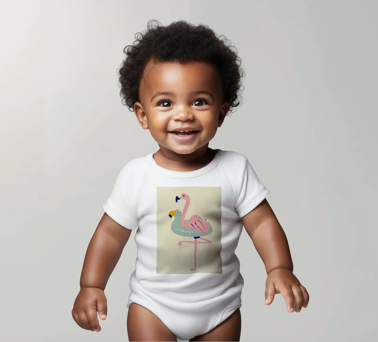 Flamingo on Float, Quirky Summer Art short-sleeve baby romper by dawnthesea
