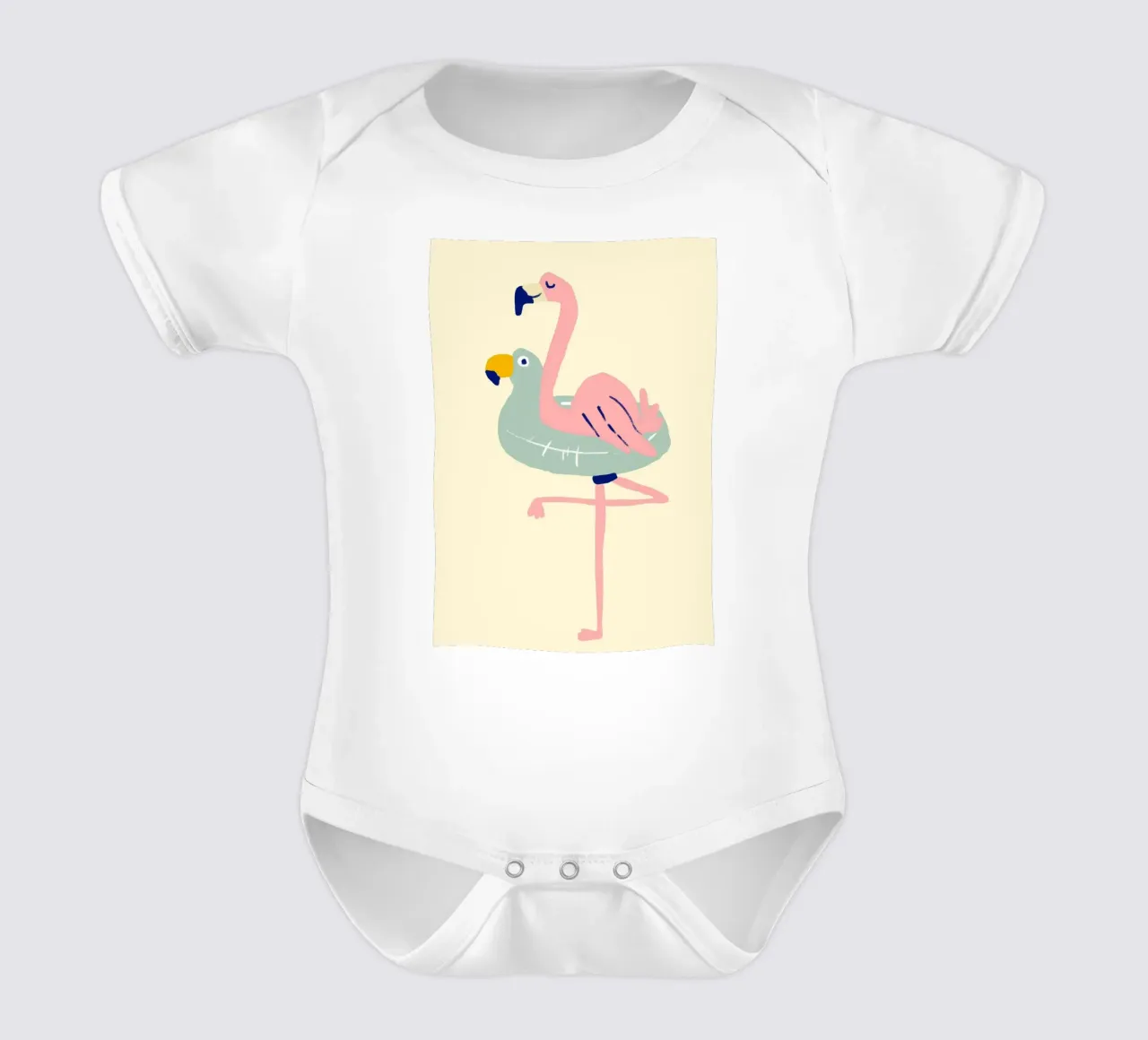 Flamingo on Float, Quirky Summer Art short-sleeve baby romper by dawnthesea