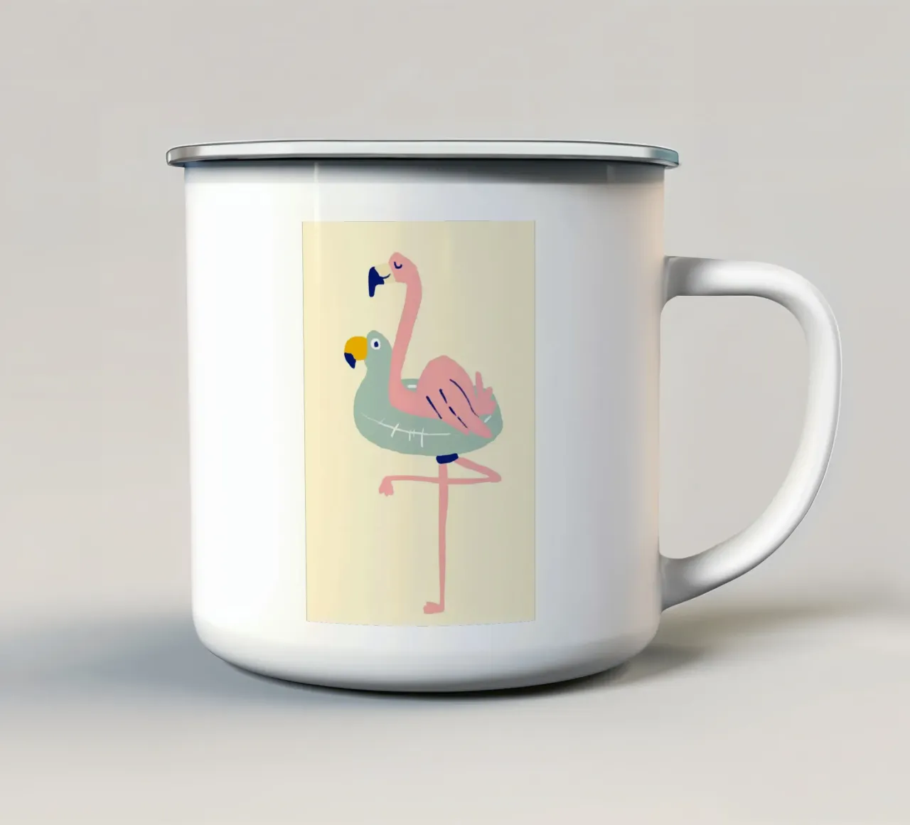 Flamingo on Float, Quirky Summer Art enamel mug by dawnthesea