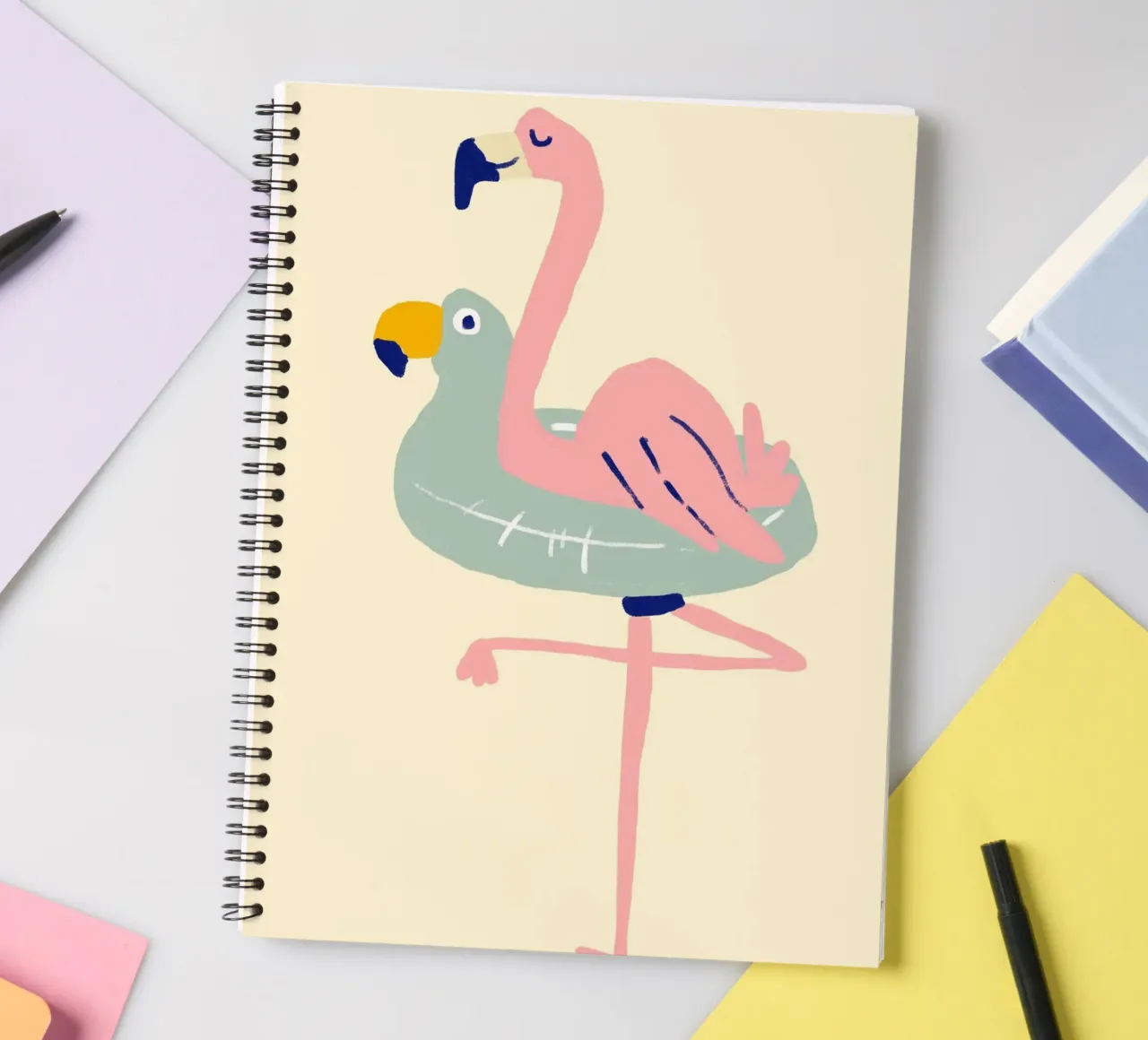Flamingo on Float, Quirky Summer Art spiral notebook by dawnthesea