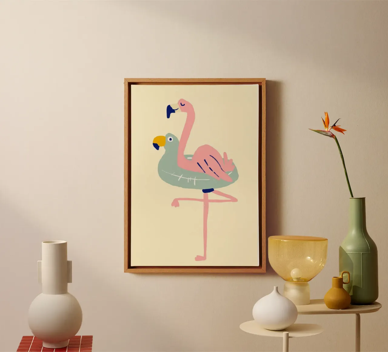 Flamingo on Float, Quirky Summer Art canvas with Floater frame by dawnthesea