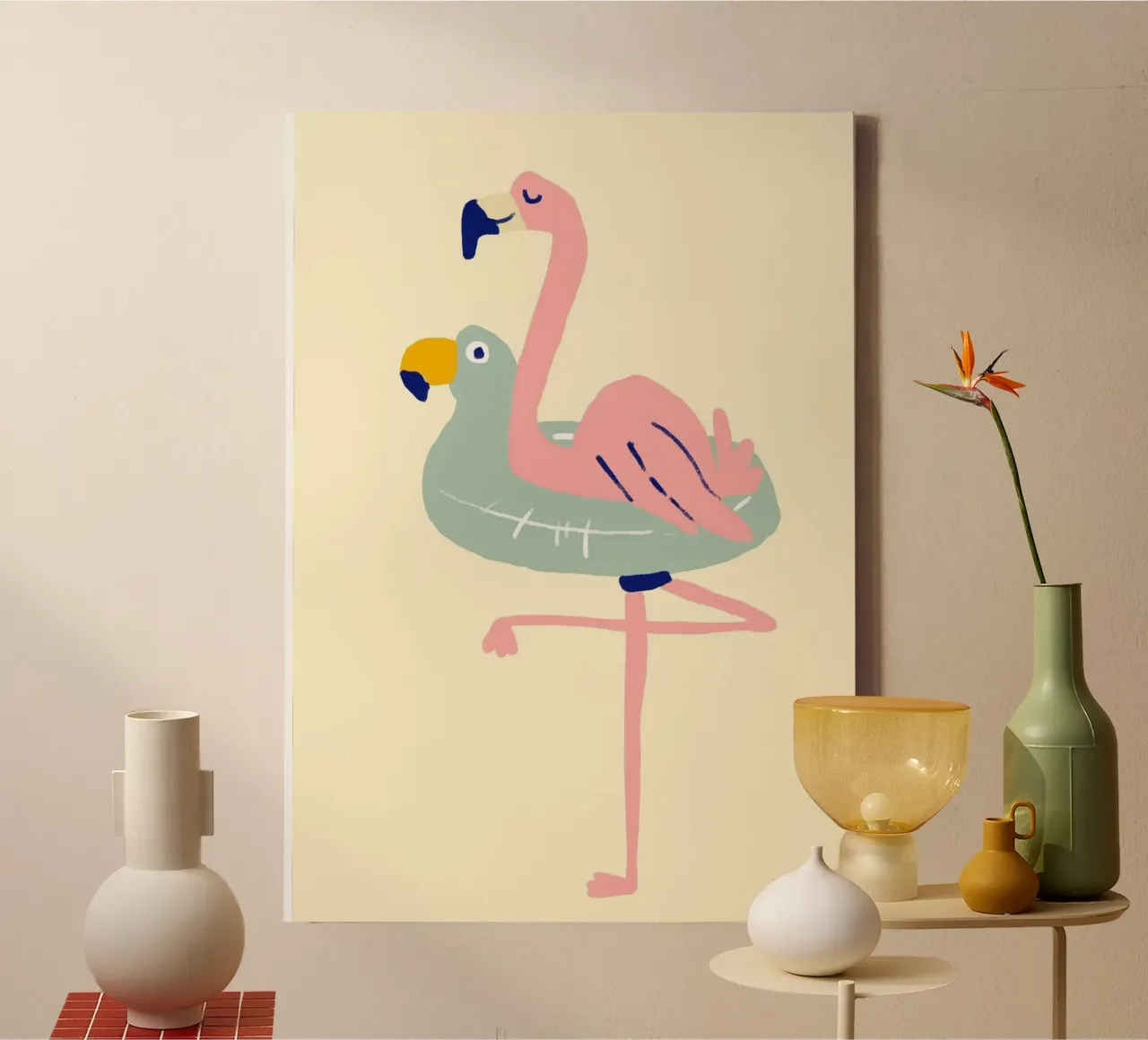 Flamingo on Float, Quirky Summer Art canvas with Floater frame by dawnthesea