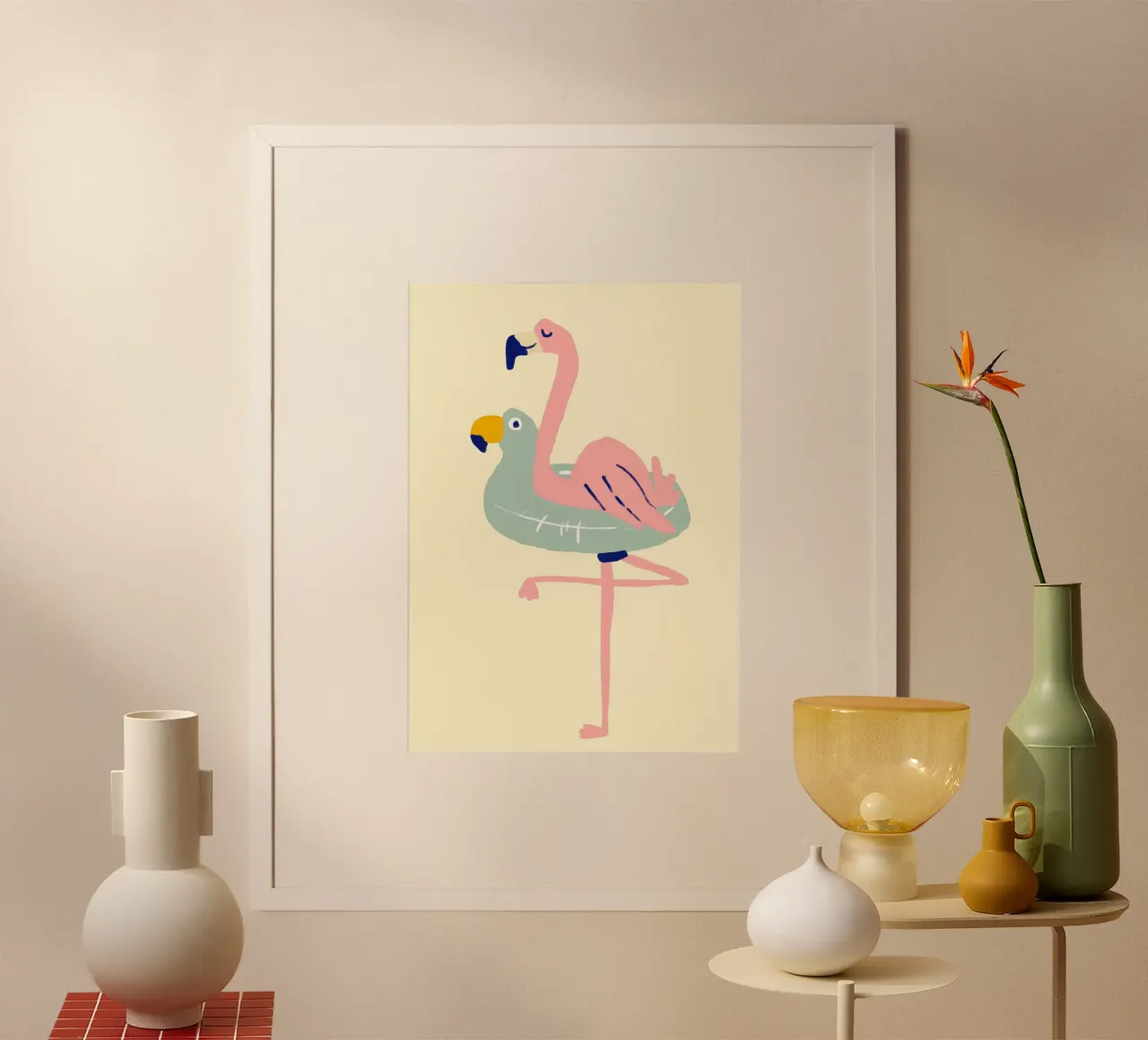 Flamingo auf Floß, skurrile Sommerkunst Poster von dawnthesea