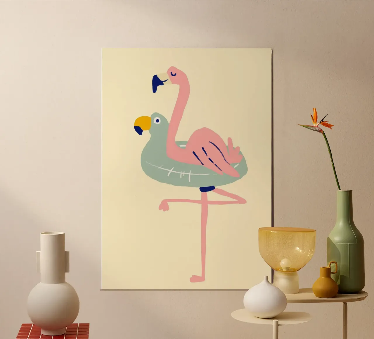 Flamingo auf Floß, skurrile Sommerkunst Poster von dawnthesea