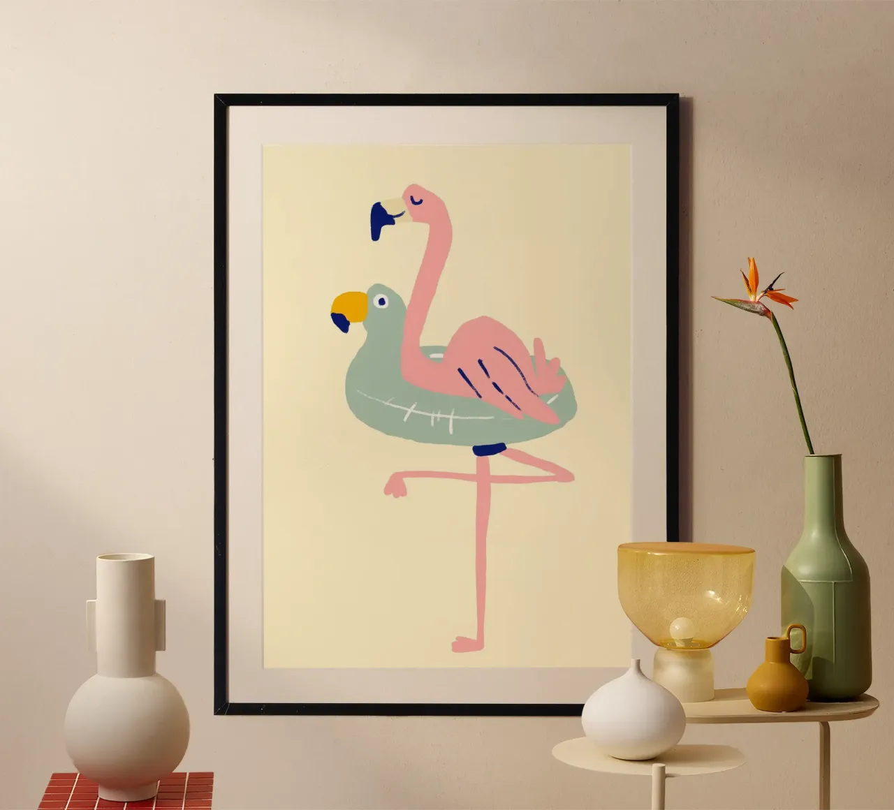 Flamingo auf Floß, skurrile Sommerkunst Poster von dawnthesea