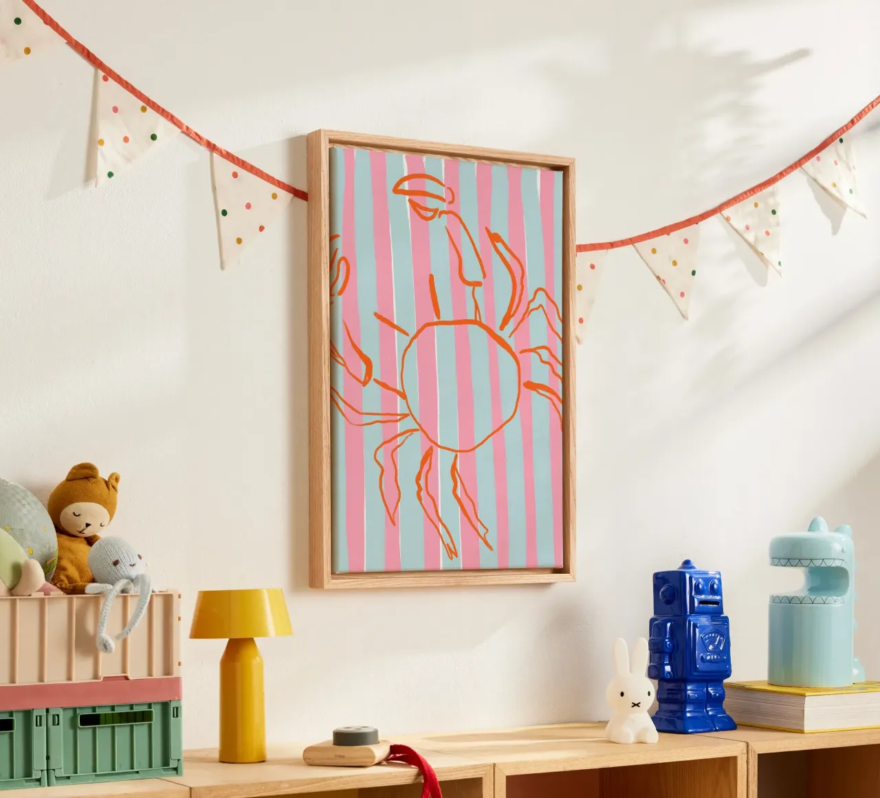 Gestreepte krab, minimalistische kustkunst, Retroprint canvas met Baklijst van dawnthesea