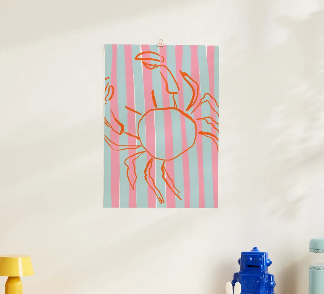 Gestreepte krab, minimalistische kustkunst, Retroprint poster met kunststof frame van dawnthesea
