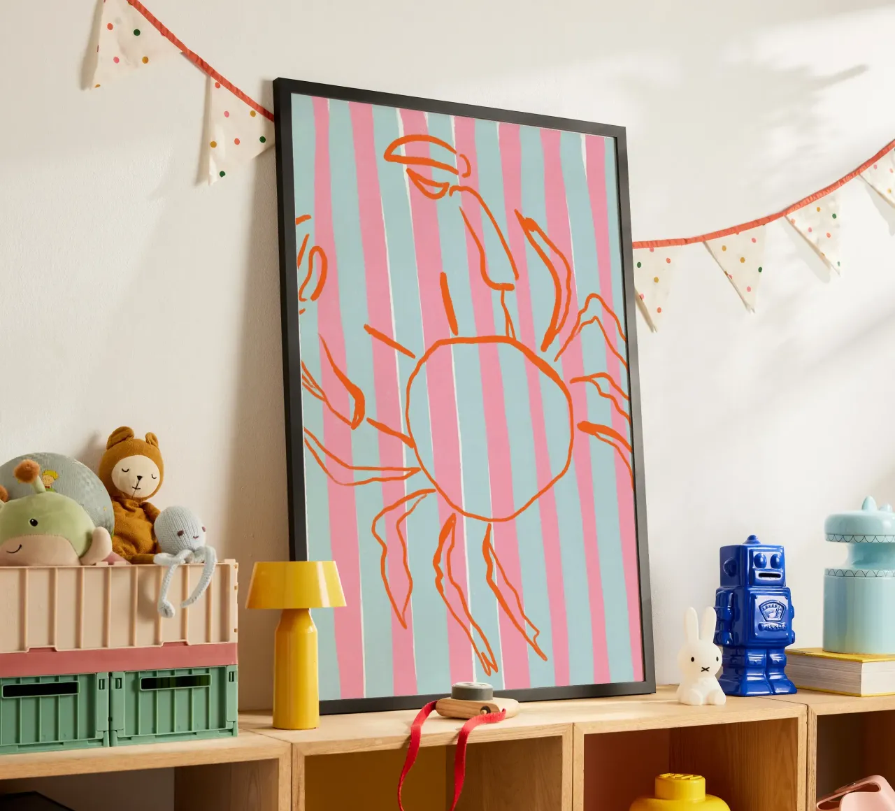 Gestreepte krab, minimalistische kustkunst, Retroprint poster met kunststof frame van dawnthesea