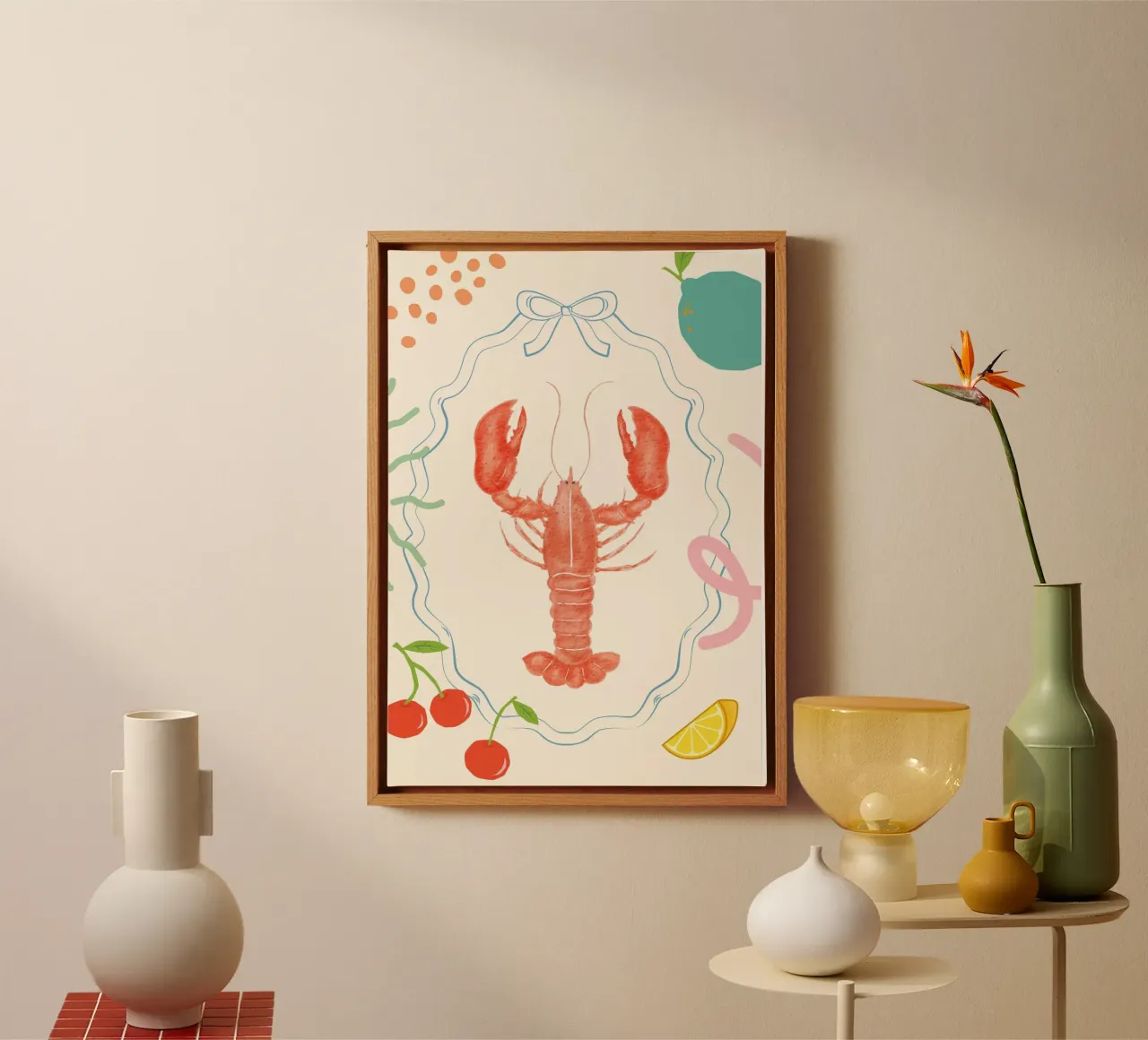 Retro Kreeft, Voedsel Kunstdruk, Kustdecor canvas met Baklijst van dawnthesea