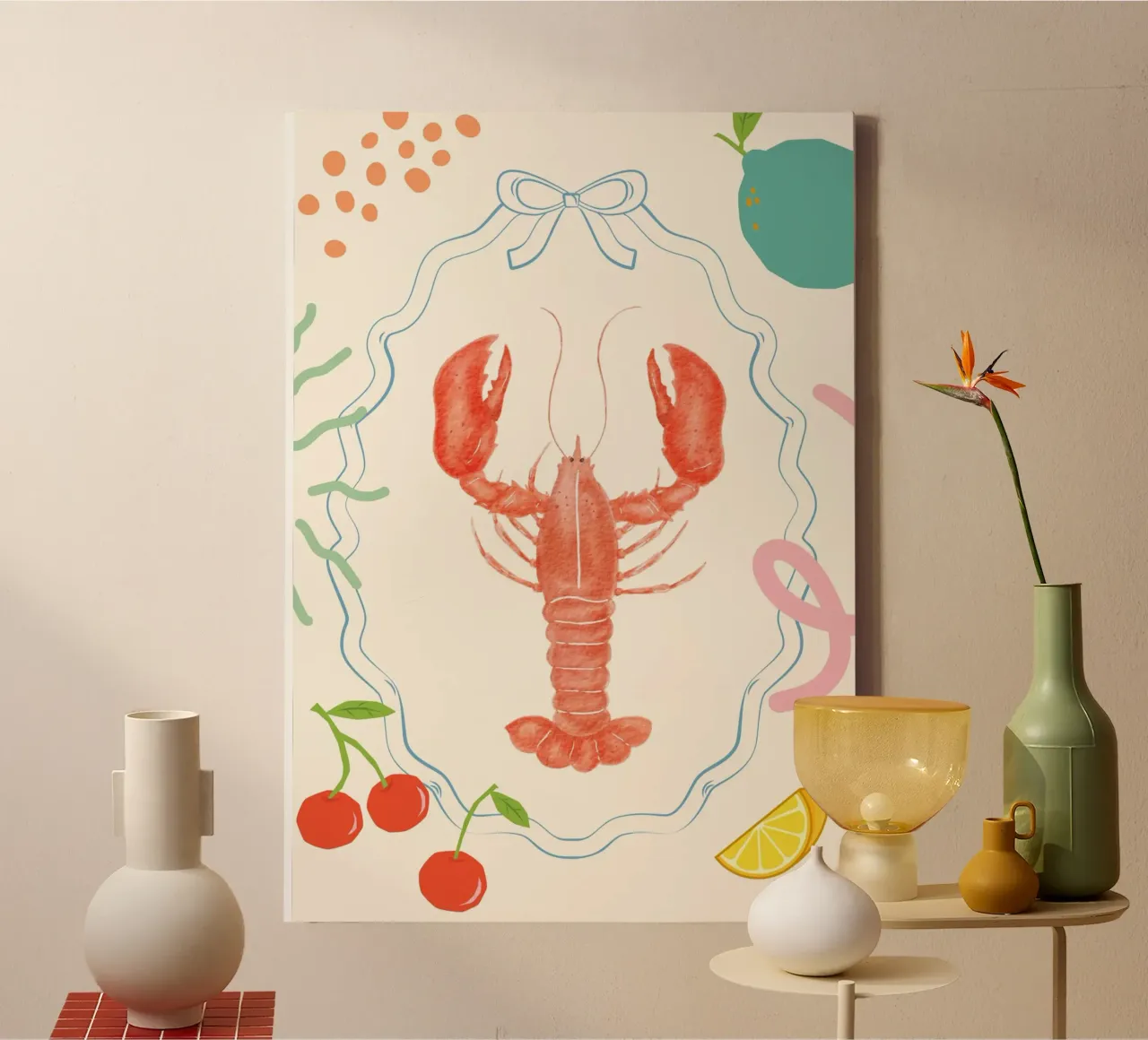 Retro Kreeft, Voedsel Kunstdruk, Kustdecor canvas met Baklijst van dawnthesea