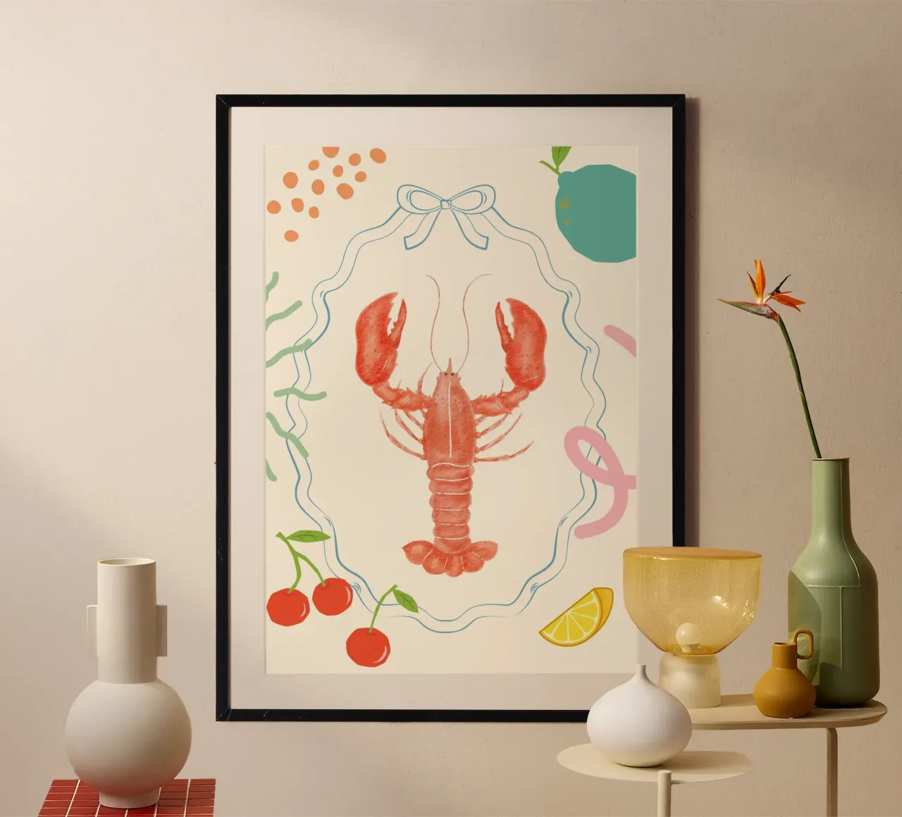Retro Kreeft, Voedsel Kunstdruk, Kustdecor poster met aluminium frame van dawnthesea