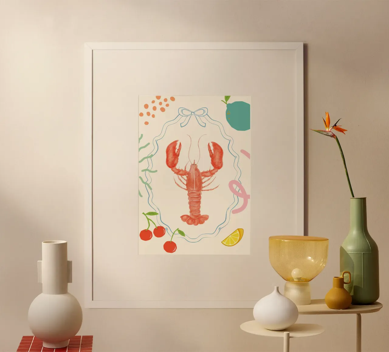Retro Kreeft, Voedsel Kunstdruk, Kustdecor poster met aluminium frame van dawnthesea